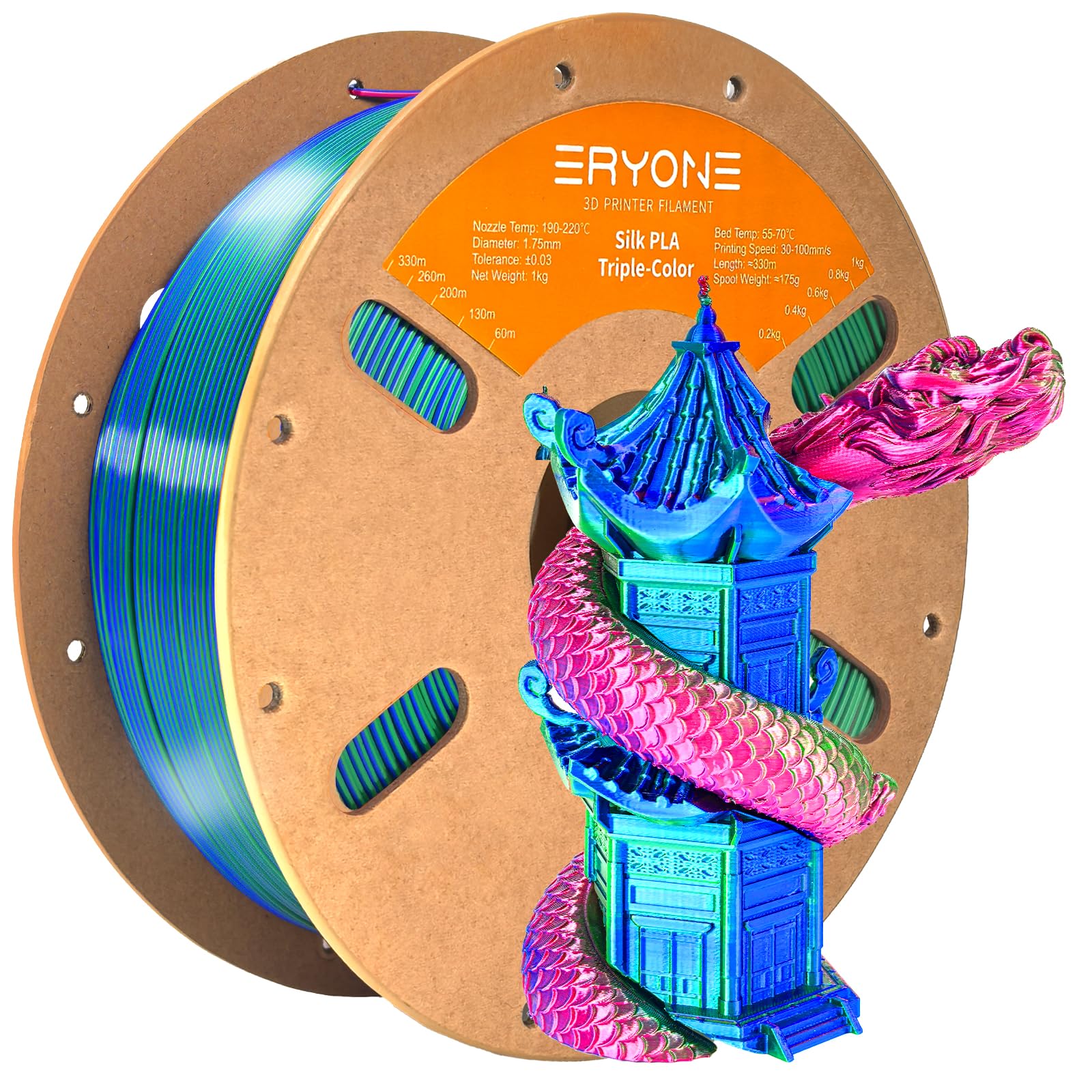 ERYONE Silk Tri Color PLA Filament 3D Printer 1.75mm +/- 0.03mm, Multicolor Filament Tricolor PLA 1KG(2.2lbs) Cardboard Spool, Red Blue Green