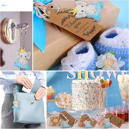 Miniatura 6 de 72 llaveros de elefante de agradecimiento para baby shower, recuerdo de baby shower para niño, recuerdos de fiesta de niño con bolsas de organza y