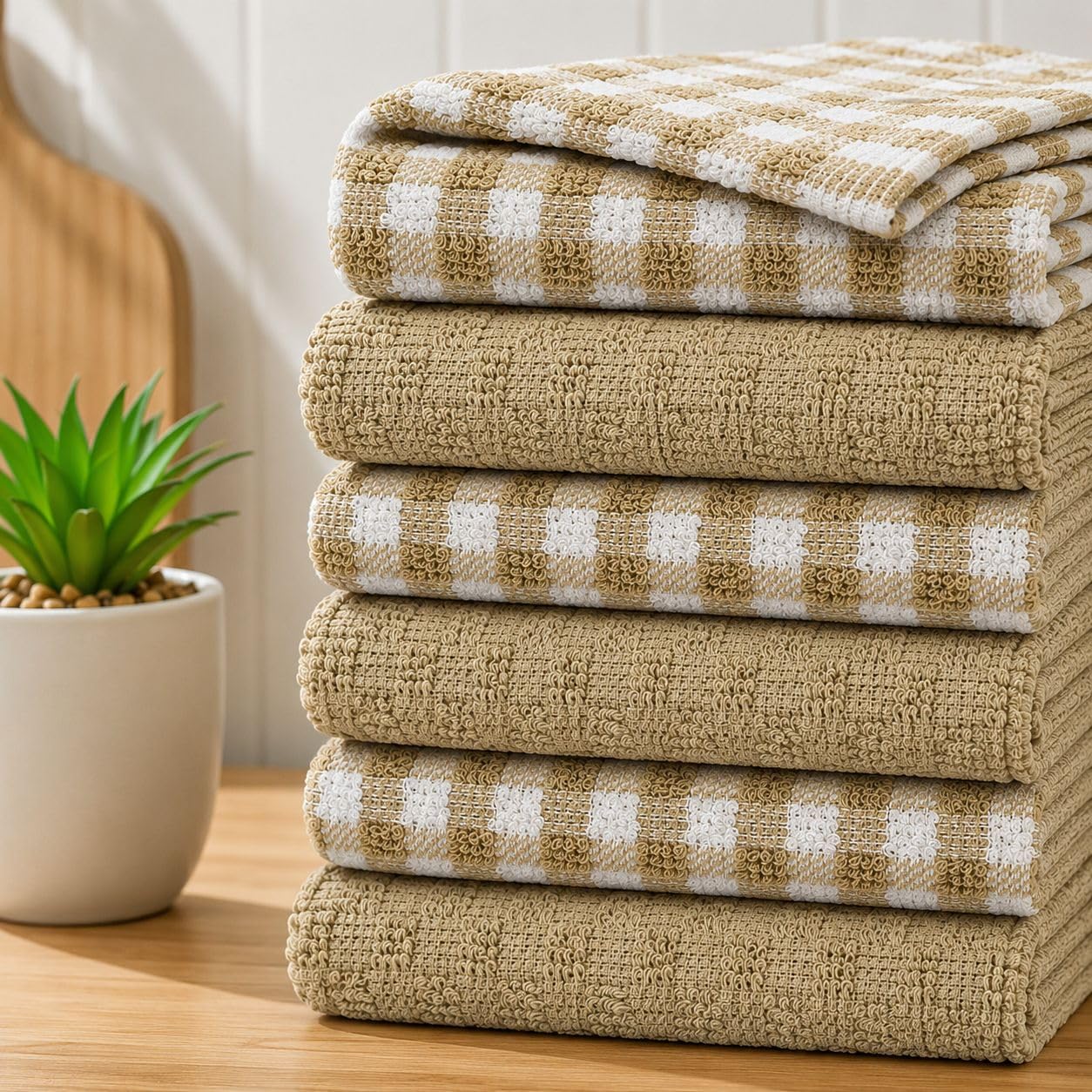 Casabella Pack Of 6 Terry Towelling Cotton Kitchen Tea Towels. Soft, Highly Absorbent Dish Towels & Bar Towels Unbeatable Price (6 Pieces Set, Beige)