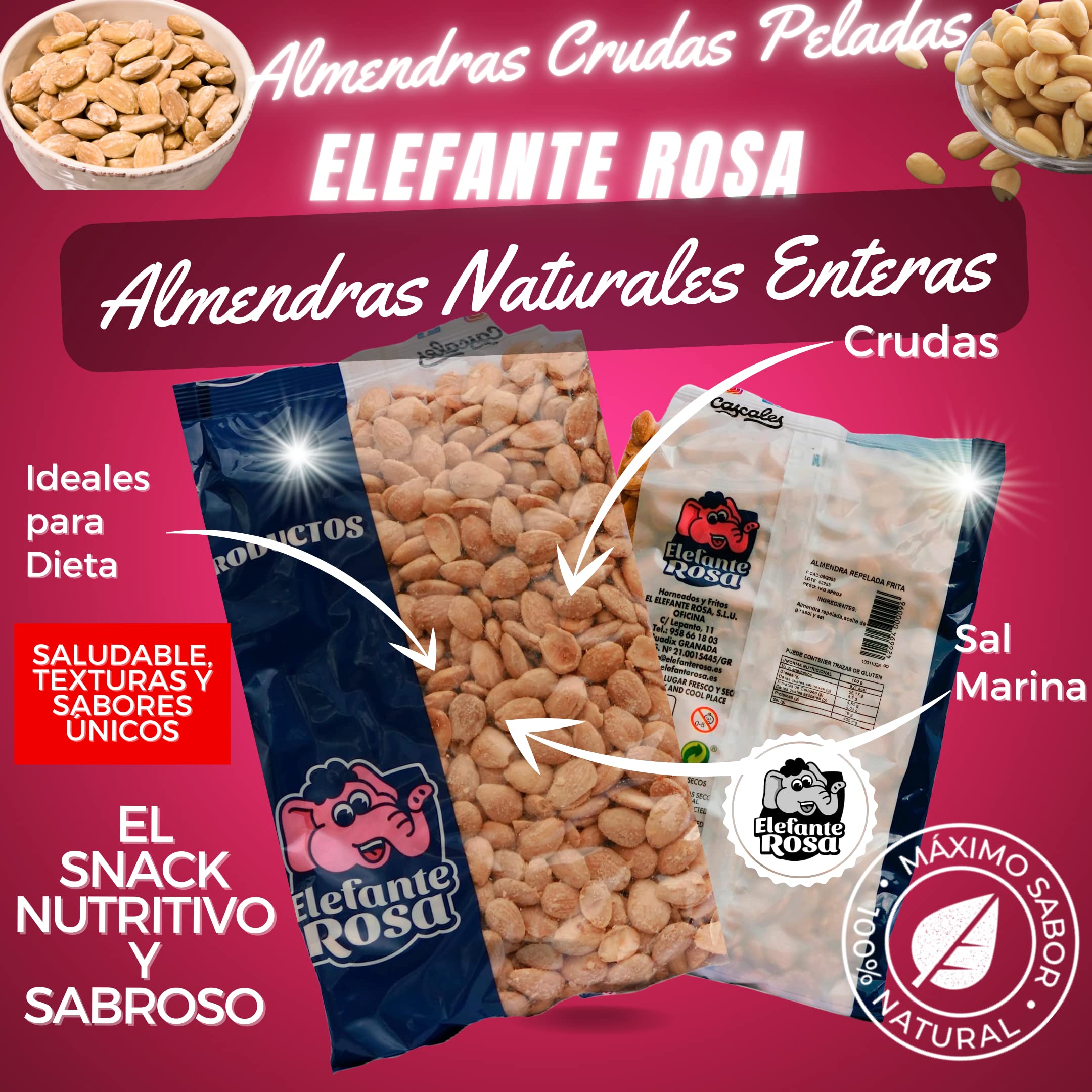 Almendras Fritas con Sal sin Piel 1kg – Almendras Repeladas Artesanales – Snack Saludable Rico en Proteínas y Fibra – Formato Ahorro 1 Kilo – Calidad Gourmet Elefante Rosa