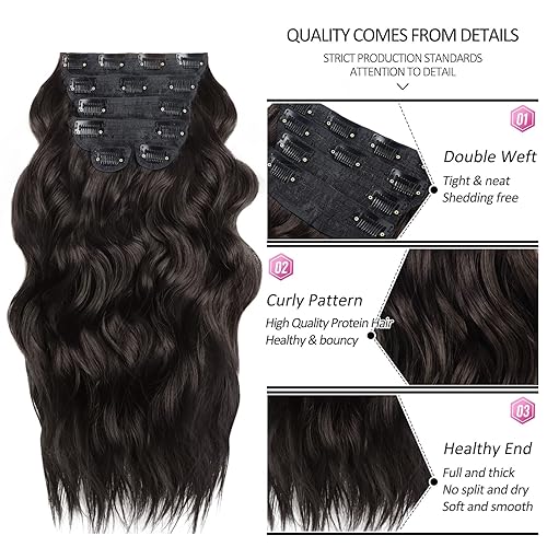 Miniatura 3 de BHF - Extensiones de cabello ondulado de 22 pulgadas con clip en cabeza completa, pieza de pelo grueso sintético para mujer, 6 extensiones de