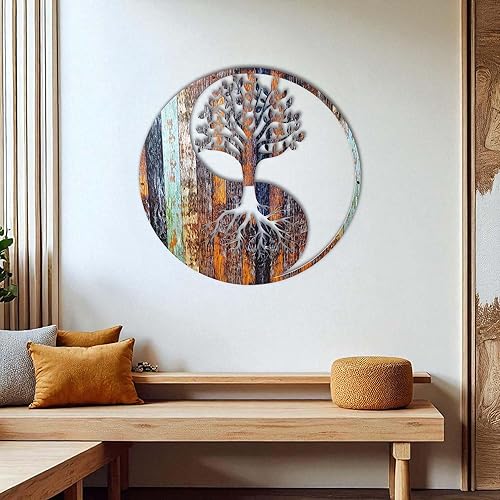 Miniatura 2 de Venovez Arte de pared de madera de metal, arte de pared de árbol de la vida de Yinyang, colgante de pared, decoración de pared, árbol de la vida