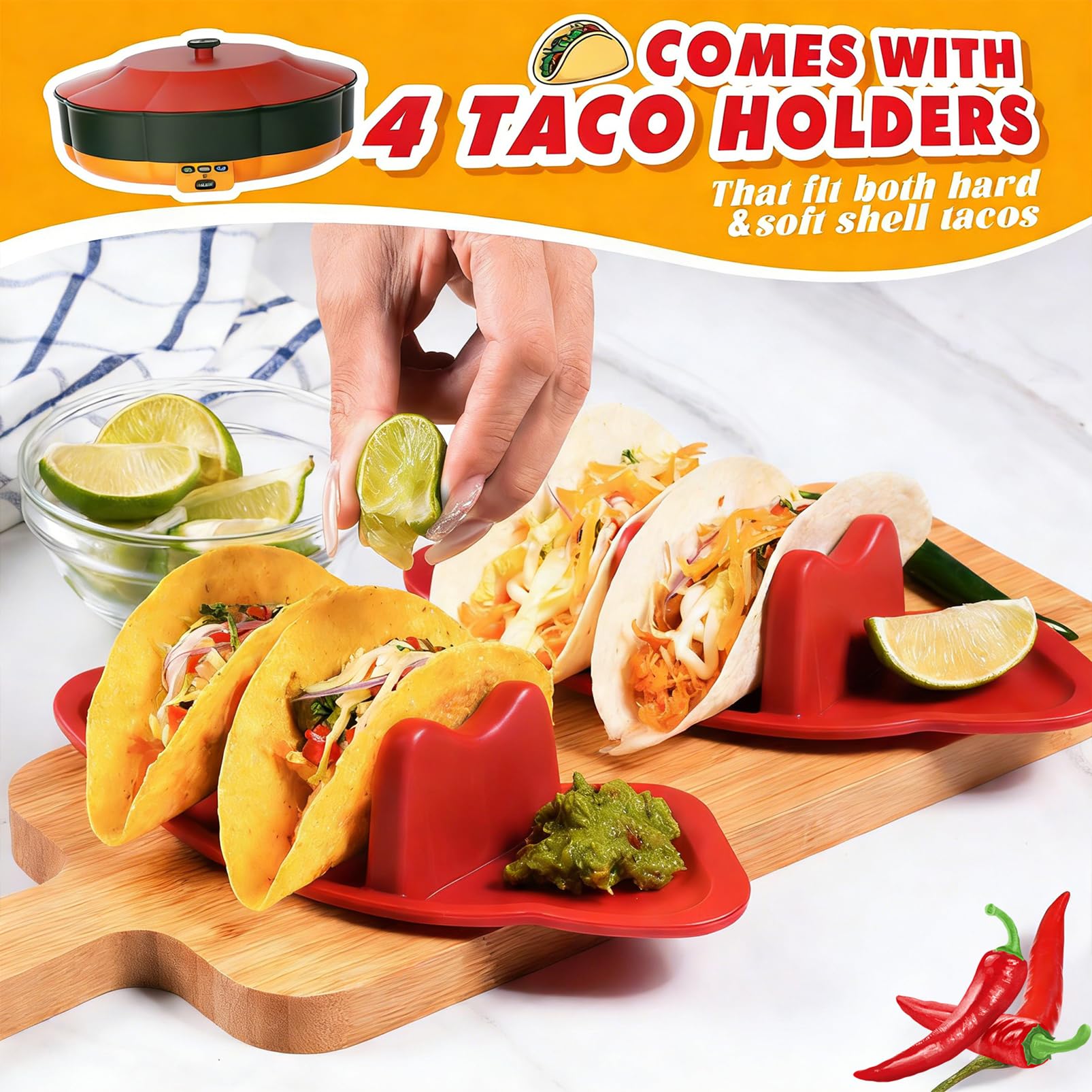 Zestaw Serwisowy Lazy Susan Taco Bar, Obracany 360° Zestaw Taco Tuesday Z 6 Wyjmowanymi Tacami & 4 Uchwytami Na Taco, Podgrzewany Garnek Z 3 Poziomami Temperatury Do Tacos, Nachos, Burritos, S’mores