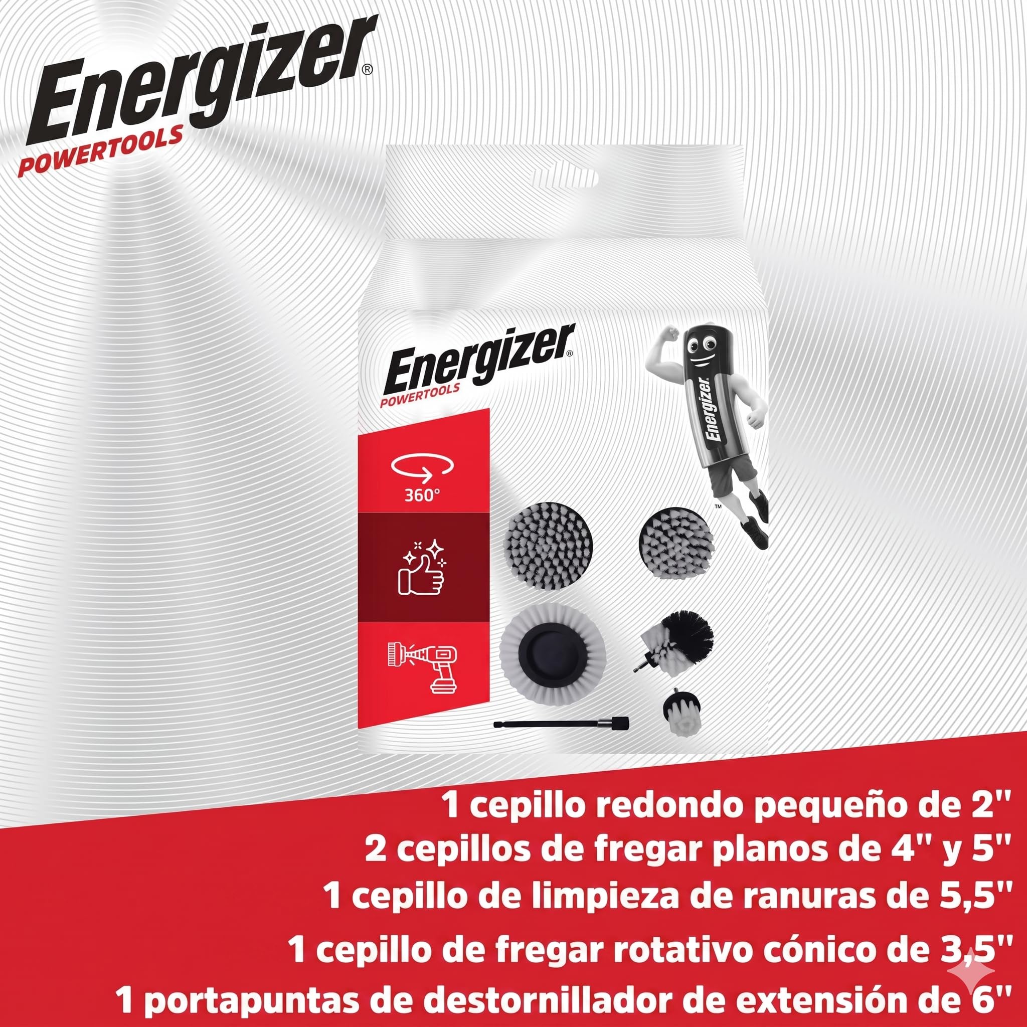 Energizer – Set de Cepillo de Limpieza Perforadora de 6 Piezas, Cepillo de Taladro, Limpieza, Llantas, baldosas, alfombras, bañera, Cocina, Inodoro, Suelo – alargador práctico Incluido