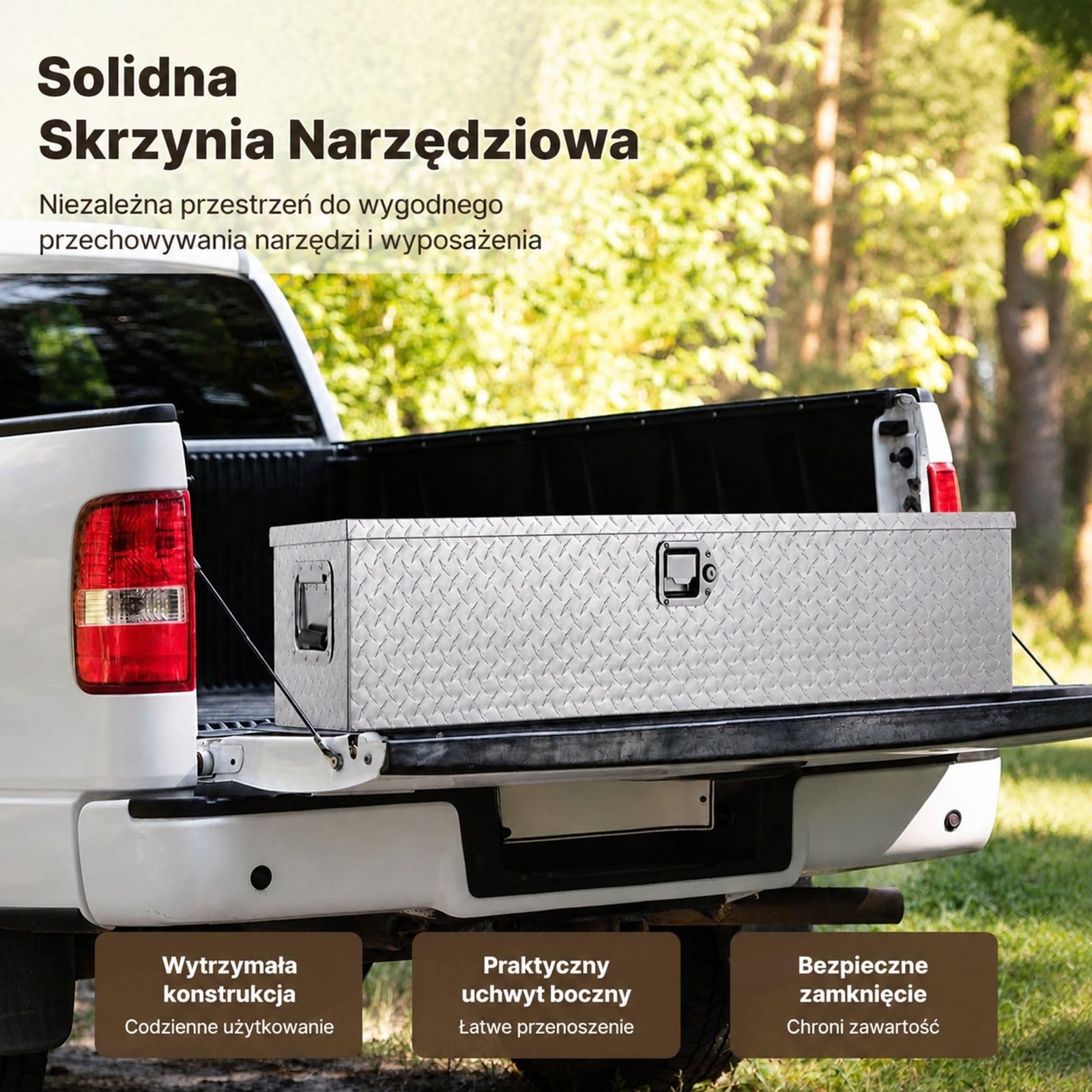 Aluminiowa skrzynka narzędziowa do samochodu, srebrna ryflowana obudowa z uchwytem bocznym i kluczami do paki pick-upa