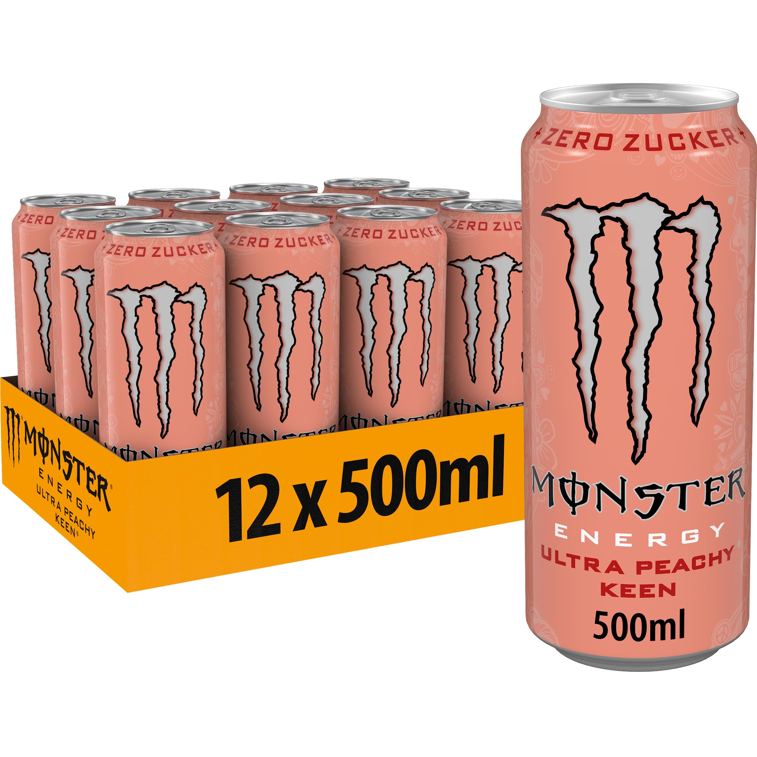 Monster Energy® Ultra Peachy Keen - koffeinhaltiger Energy-Drink mit saftig-lecker-leichtem Pfirsich-Geschmack - full Flavour, zero Zucker, zero Kalorien - in praktischen Einweg Dosen (12 x 500 ml)