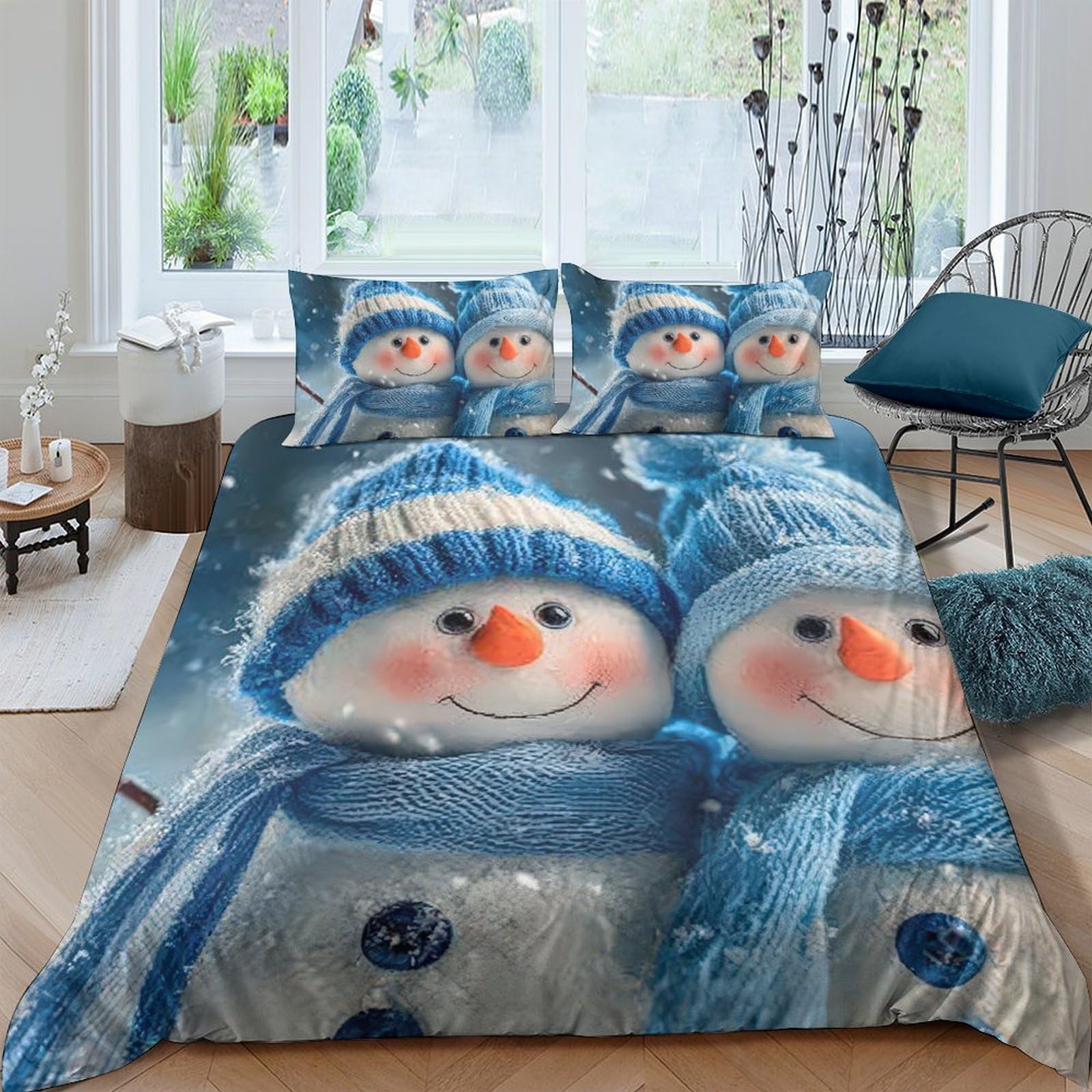Ctjqhvkz Style-9 3D Printed Snowman Winter Blue Fitted Sheet Microfiber Bed Cover Anti-Slip Soft For Bedroom Guest Room Dorm Single（135X200cm）