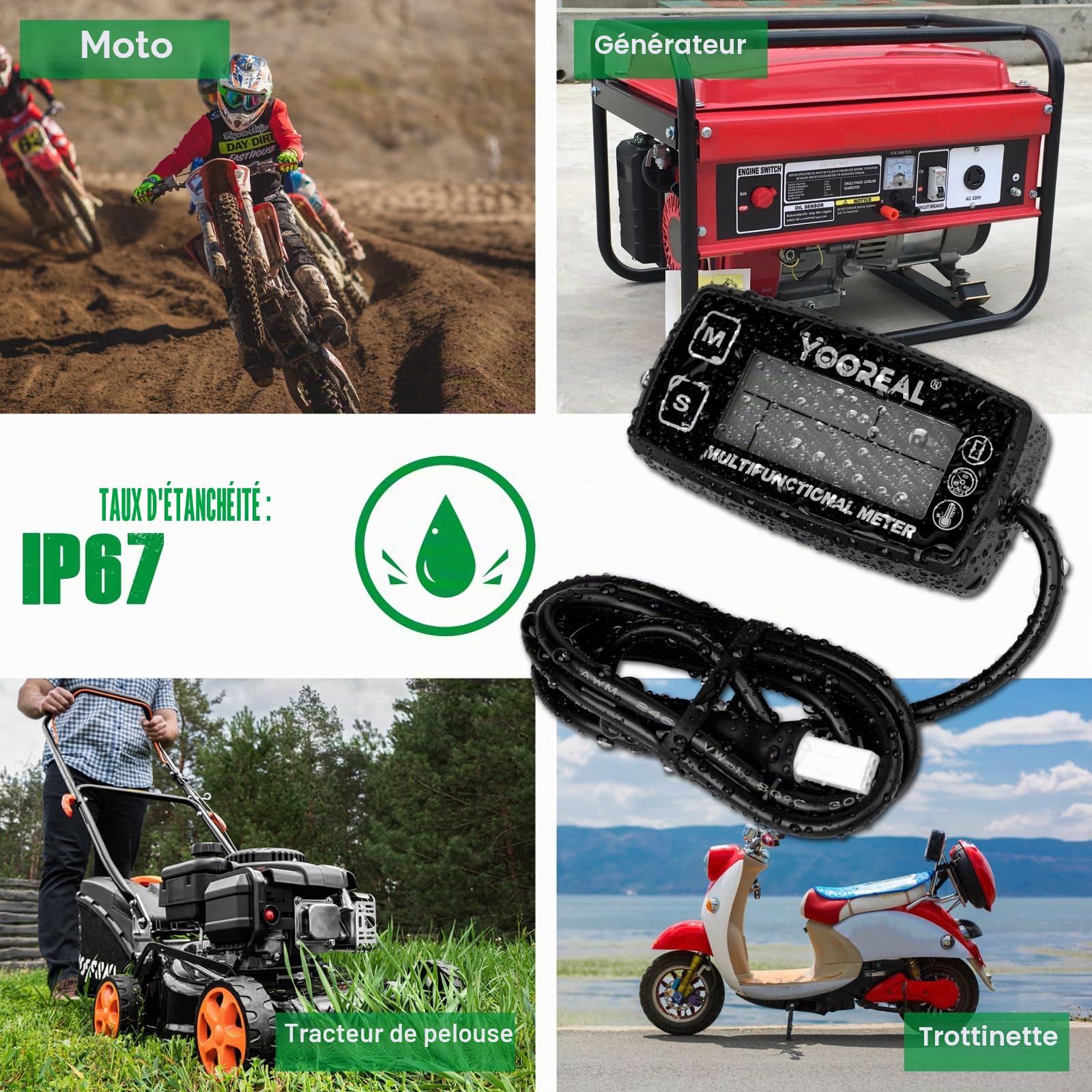 Yooreal Tachymètre numérique,compteur horaire, jauge de température d'eau et d'huile moteur, alerte RPM et température, affichage rétro-éclairé pour tracteur de jardin, motoneige, marine, jet ski.