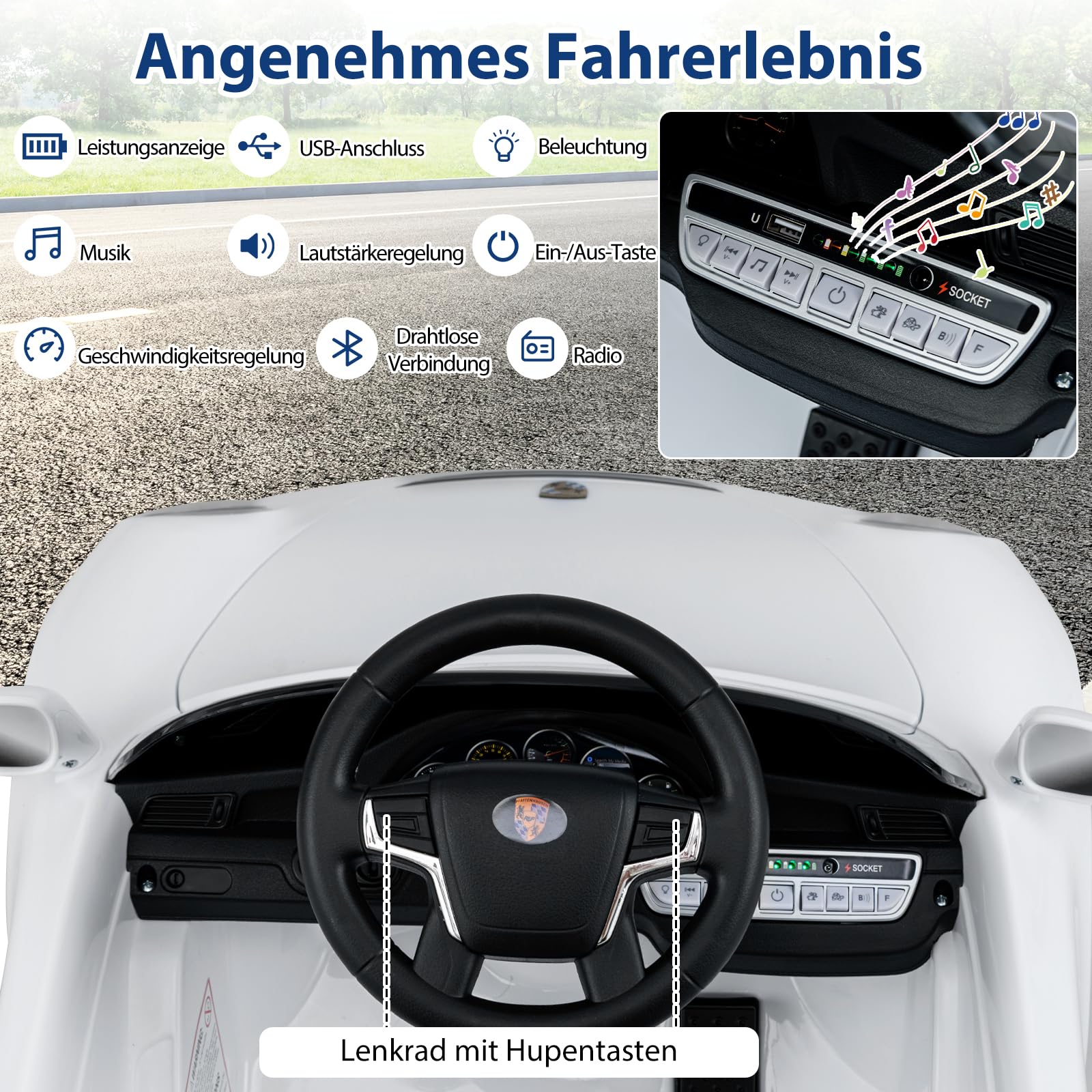 COSTWAY Kinder Elektroauto Porsche, 12V Kinderauto elektisch mit Fernbedienung, mit Musik, LED-Lichtern, Hupe & 2 Geschwindigkeiten, Elektrofahrzeug für Jungen und Mädchen ab 3 Jahren (Weiß)