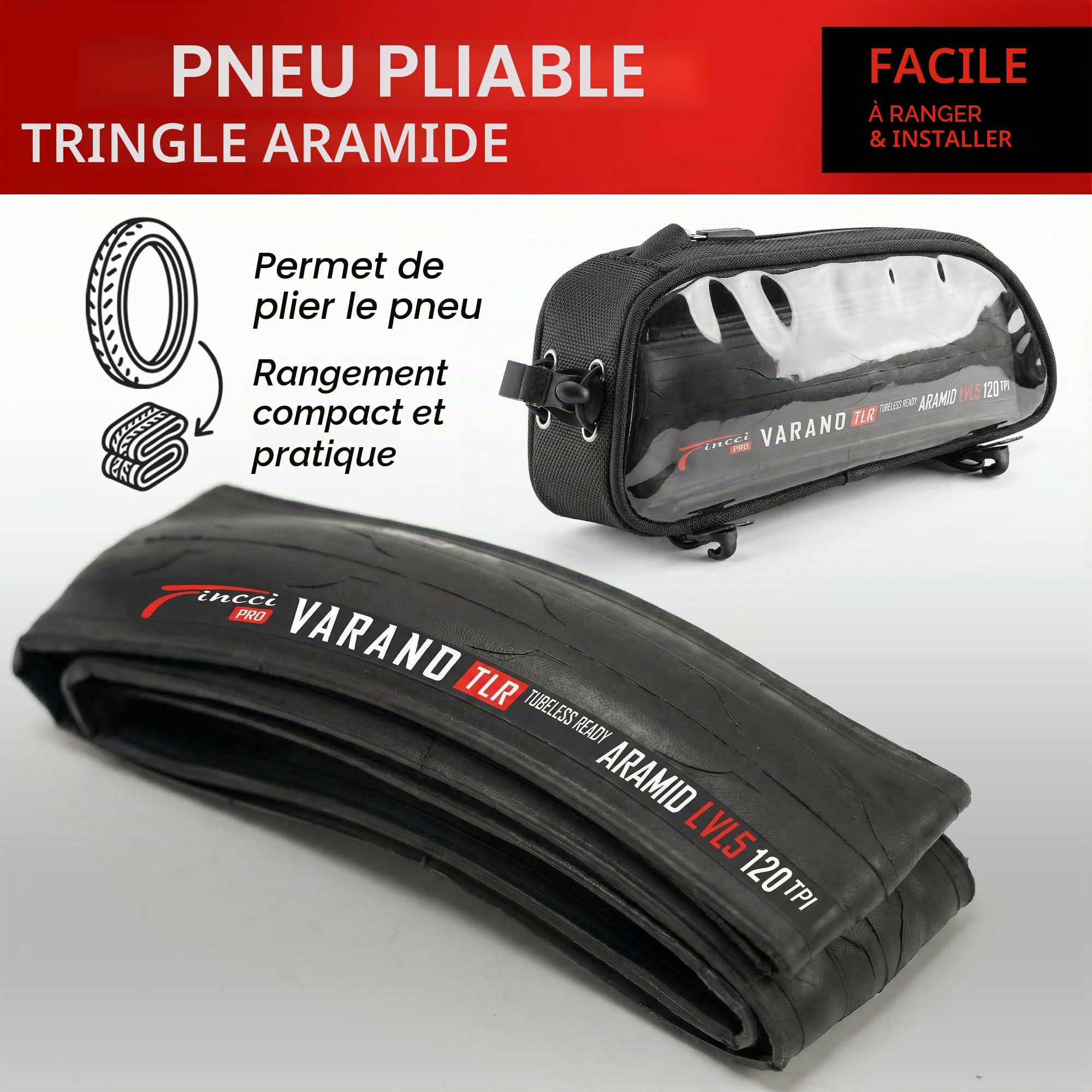 Fincci Pneu 700x28c 28-622 Tubeless Pliable 120 TPI avec Protection Aramid