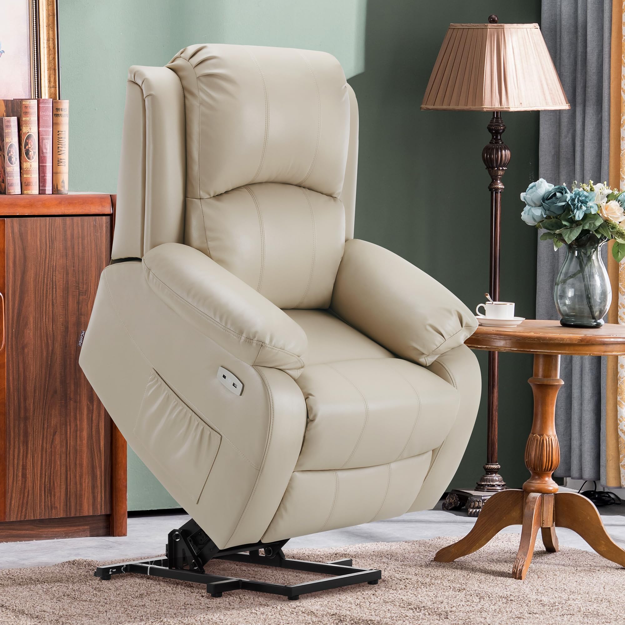MCombo Small Power Lift Recliner Chair Heat and Massage 7408 Beige | Faux Leather Designed for Petite Elderly 140 Recline 47 Extended Footrest USBType-C ports Cup Holders FSC Certified product thumbnail 3