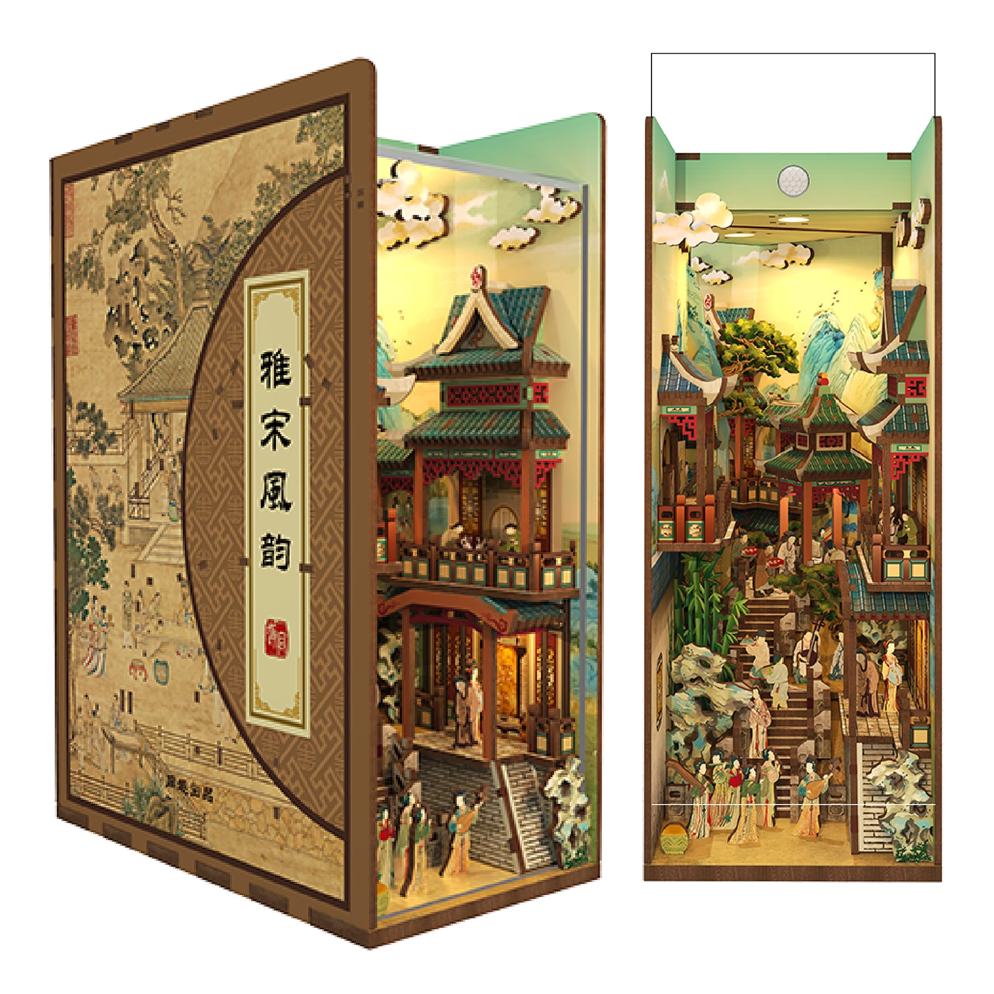 Tonecheer DIY Book Nook Kit, Puzzle 3D in Legno fai da te Libro Nook Miniature da Costruire Modellismo Adulti, Regalo decorativo per inserto per libreria con LED (Cultura della dinastia Song)