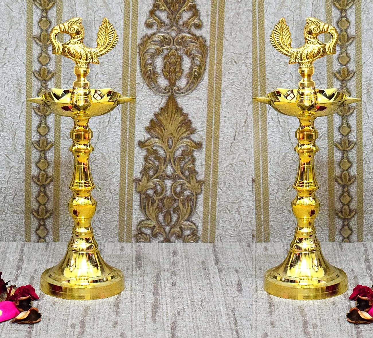 Denique Brass Nakshi Peacock Kerala Mahabharat Oil/Ghee Diya, Deepak, Lamp Design Long Diyas for Home, Pooja Room, Pancharti, Panchmukhi Diya for Puja, Decoration, Aarti,(21 C.M) Pack of (2)-image-28