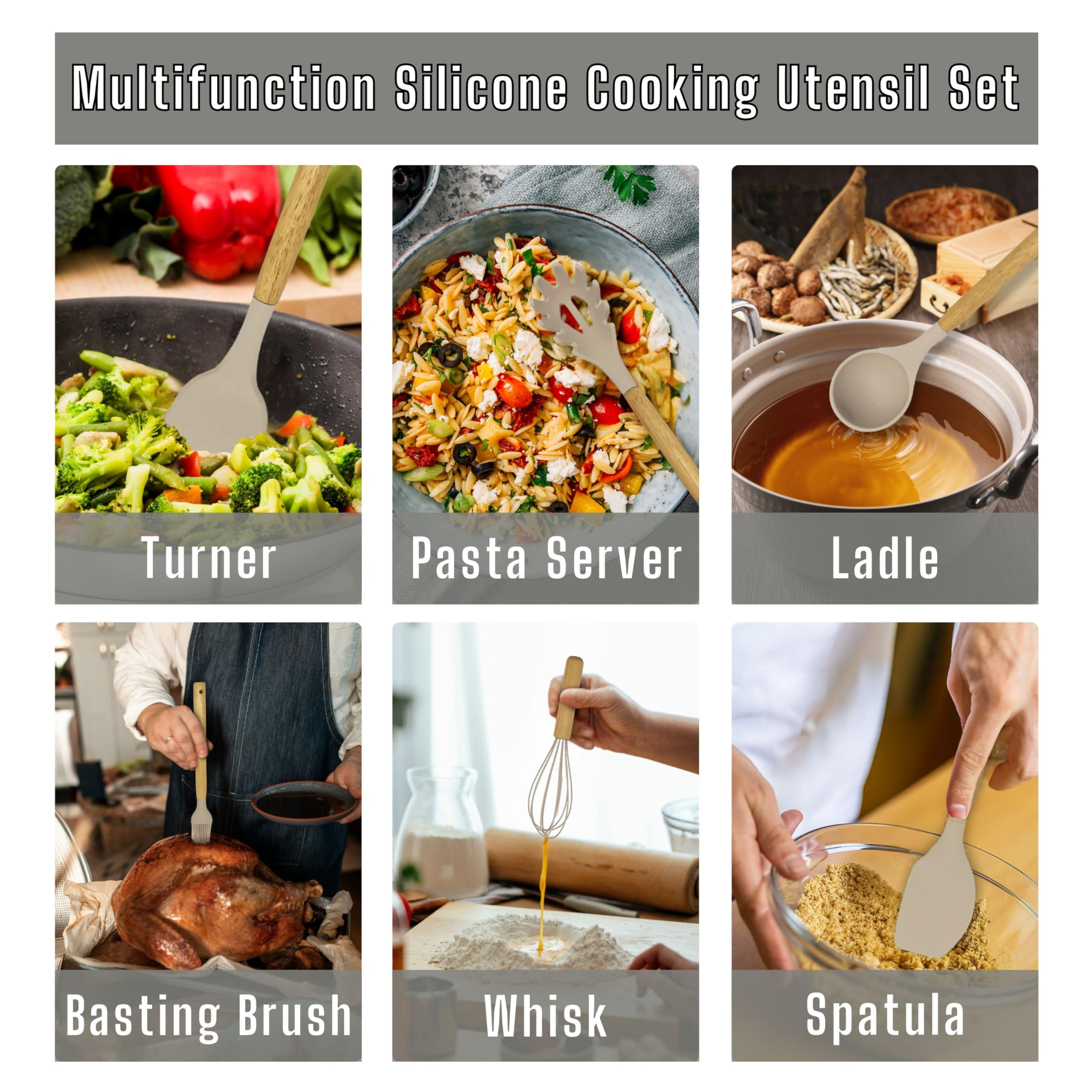 MODERNEZA Silicon Kitchen Utensils Set, 15 Pcs, Non-toxic Cooking Utensils, Kitchen Accessories, Silicone Cooking Tools with Wooden Handle, Utensil Rest, Heat Resistance, Khaki