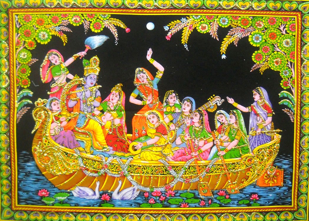 Radha Krishna with Gopis on Boat Batik Painting Wall Tapestry : 30"x40" Inches