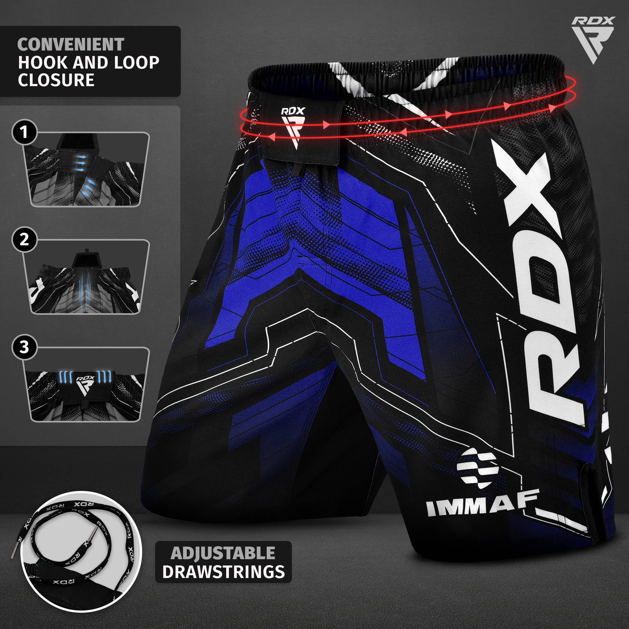 RDX Pantalones cortos de MMA aprobados por IMMAF, diseño de aberturas laterales, adecuado para boxeo, muay thai, kickboxing y entrenamiento de gimnasio