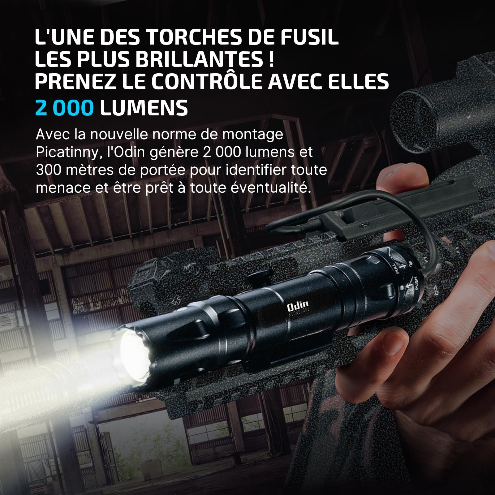 OLIGHT Odin Lampe Tactique Puissante Charguer Aimanté Fonction de Verrouillage Ultra-rapide 2000 LM 300M Compatible avec M-LOK, Picatinny et KeyMod pour Chasse,Recherche