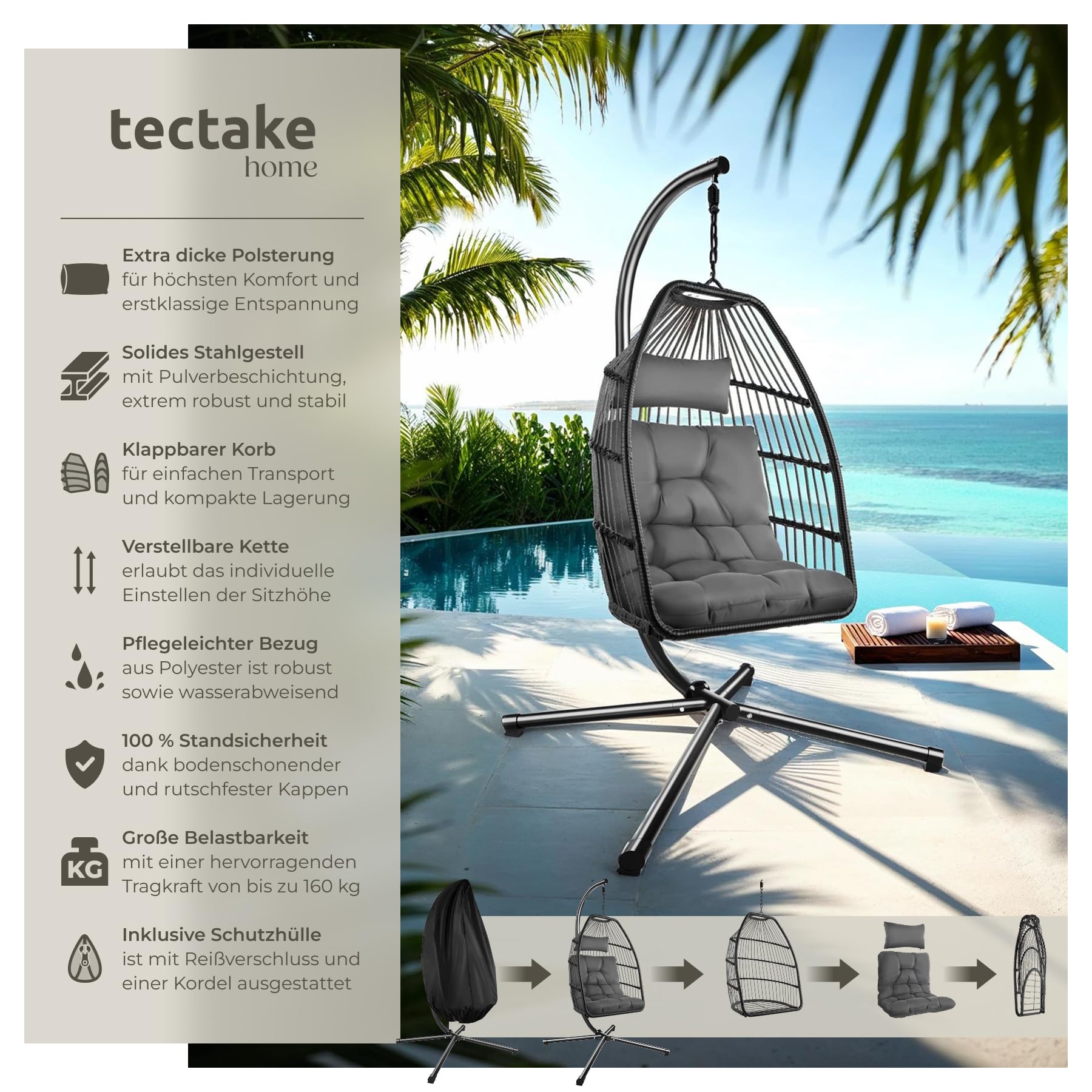tectake® Hängesessel mit Gestell, Dicke Kissen, Möbel, Deko für Wohnzimmer, Jugendzimmer, Balkon, Outdoor oder Indoor Schaukel Sessel, Kinder & Erwachsene, belastbar bis 160kg - dunkelgrau - 2