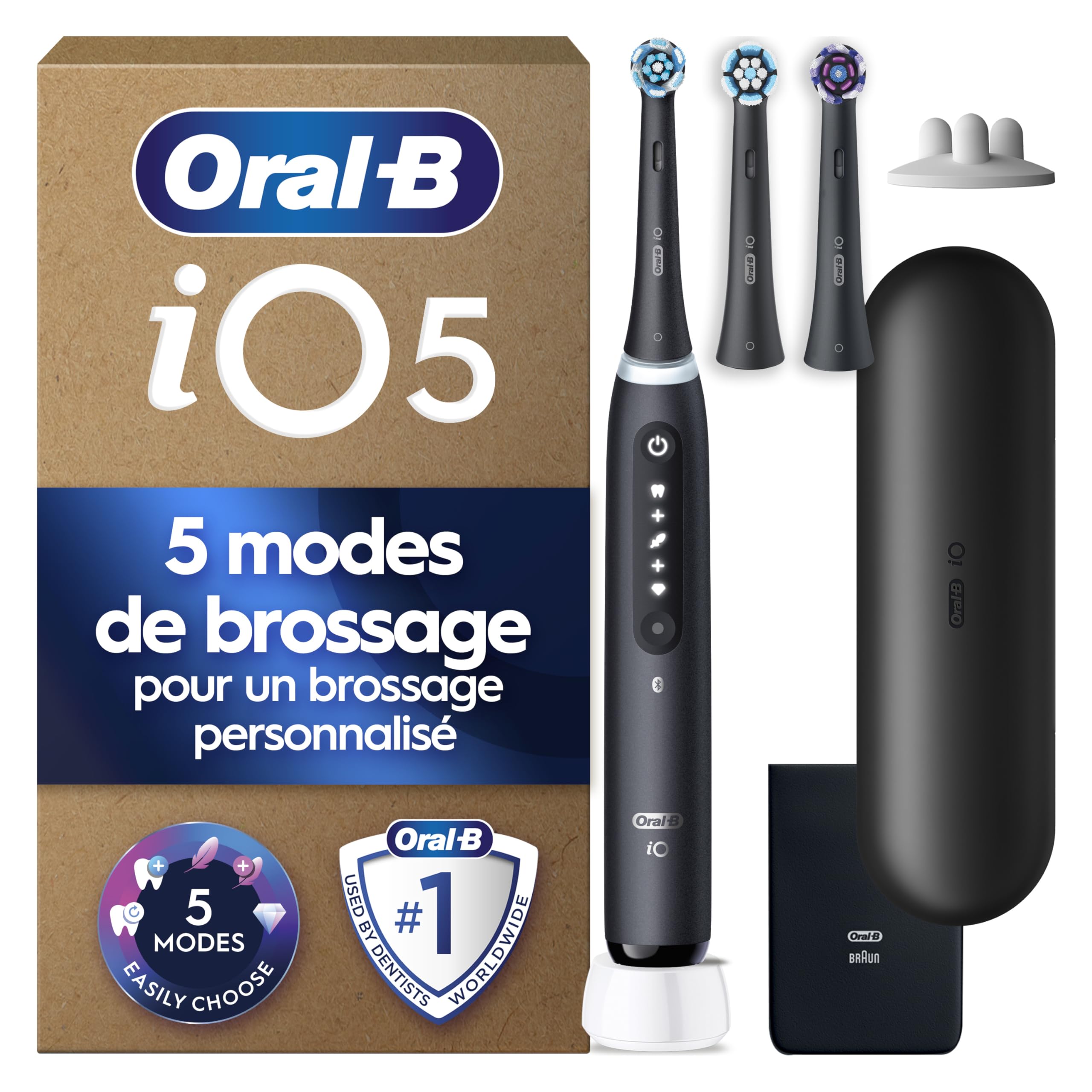 Oral-B Brosse à Dents Electrique iO 5, 3 Brossettes de Rechange, Noire – 5 Modes de Brossage dont Douceur et Blancheur, Capteur de Pression sur les Gencives et d’Usure, Batterie Rechargeable, Etui