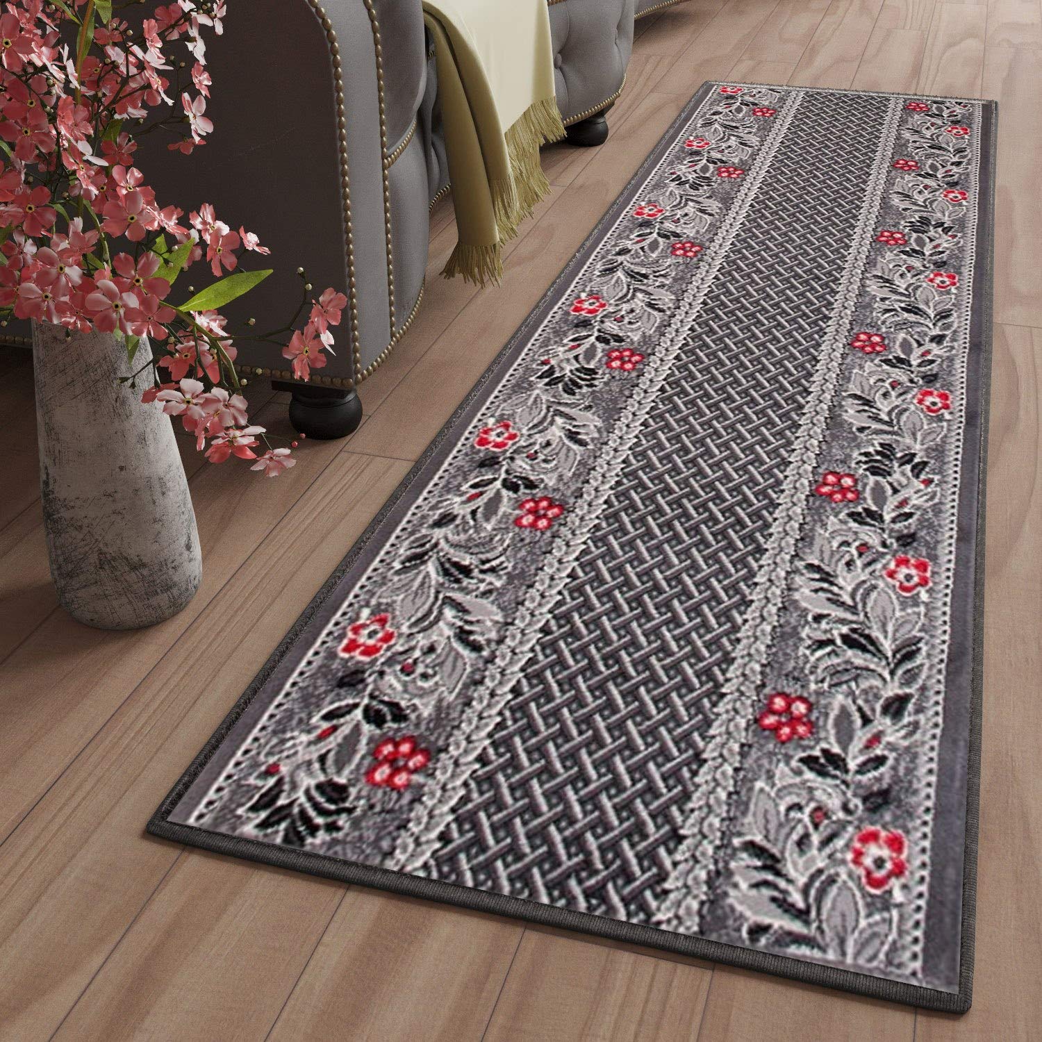 TAPISO Dream Läufer Teppich Flur Brücke Modern Blumen Floral Streifen Abstrakt Muster in Grau Creme Rot Korridor Wohnzimmer ÖKOTEX 60 x 400 cm