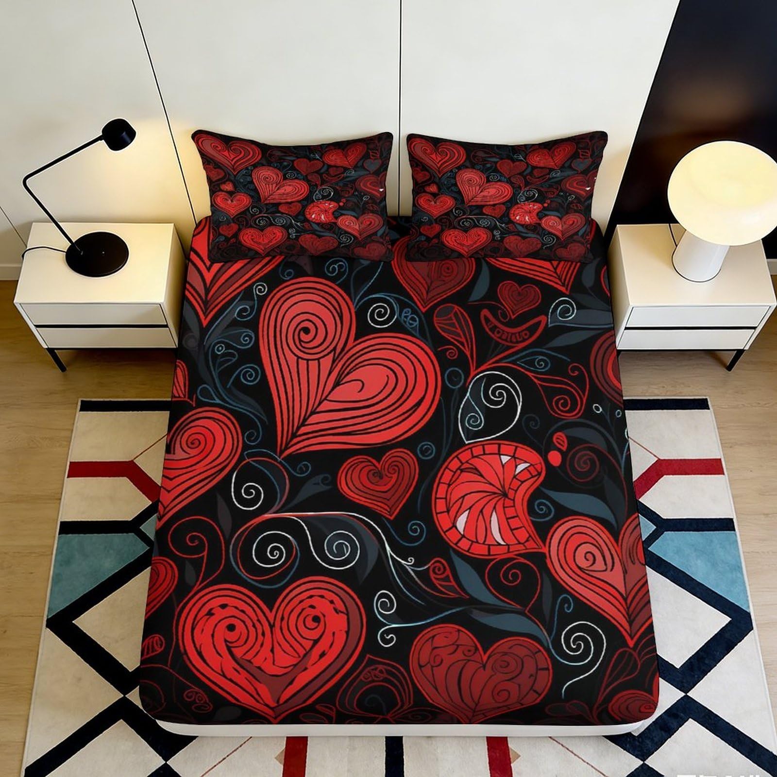 3D Printed Heart Pattern Fitted Sheet Microfiber Deep Pocket Elastic Hem Heart Mattress Fitted Cover Washable 180x200x25cm