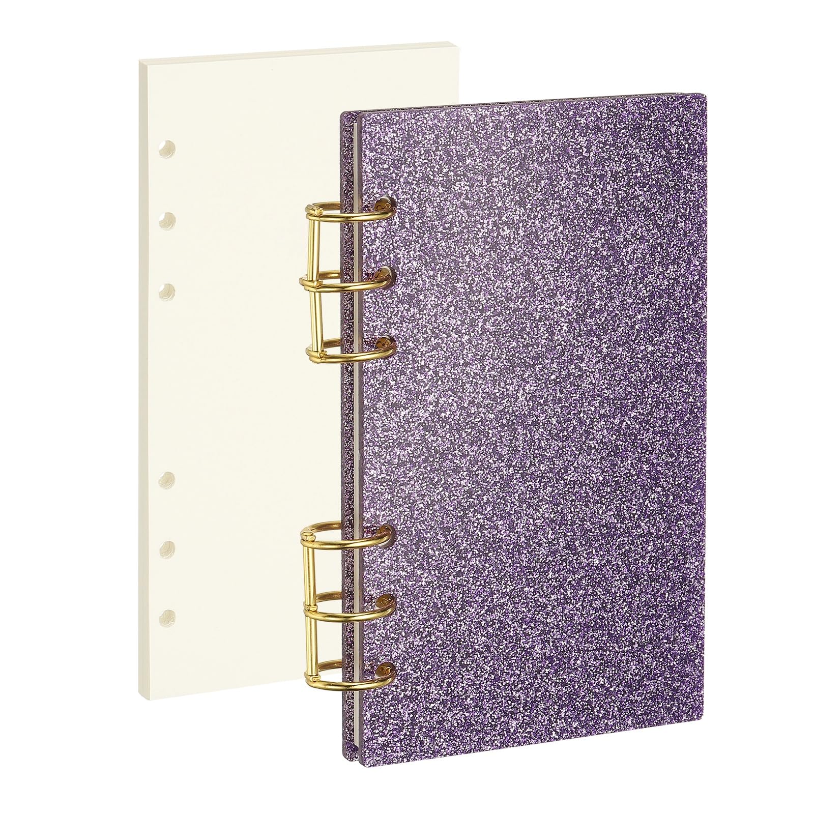 PATIKIL 6 Ring Binder Notebook Cover, A6 Glitter Acrylic Binder Notebook 2 Gold Metal Round Rings with 90 Sheets Blank Inner Papers for Travel Office Planner Budget, Purple