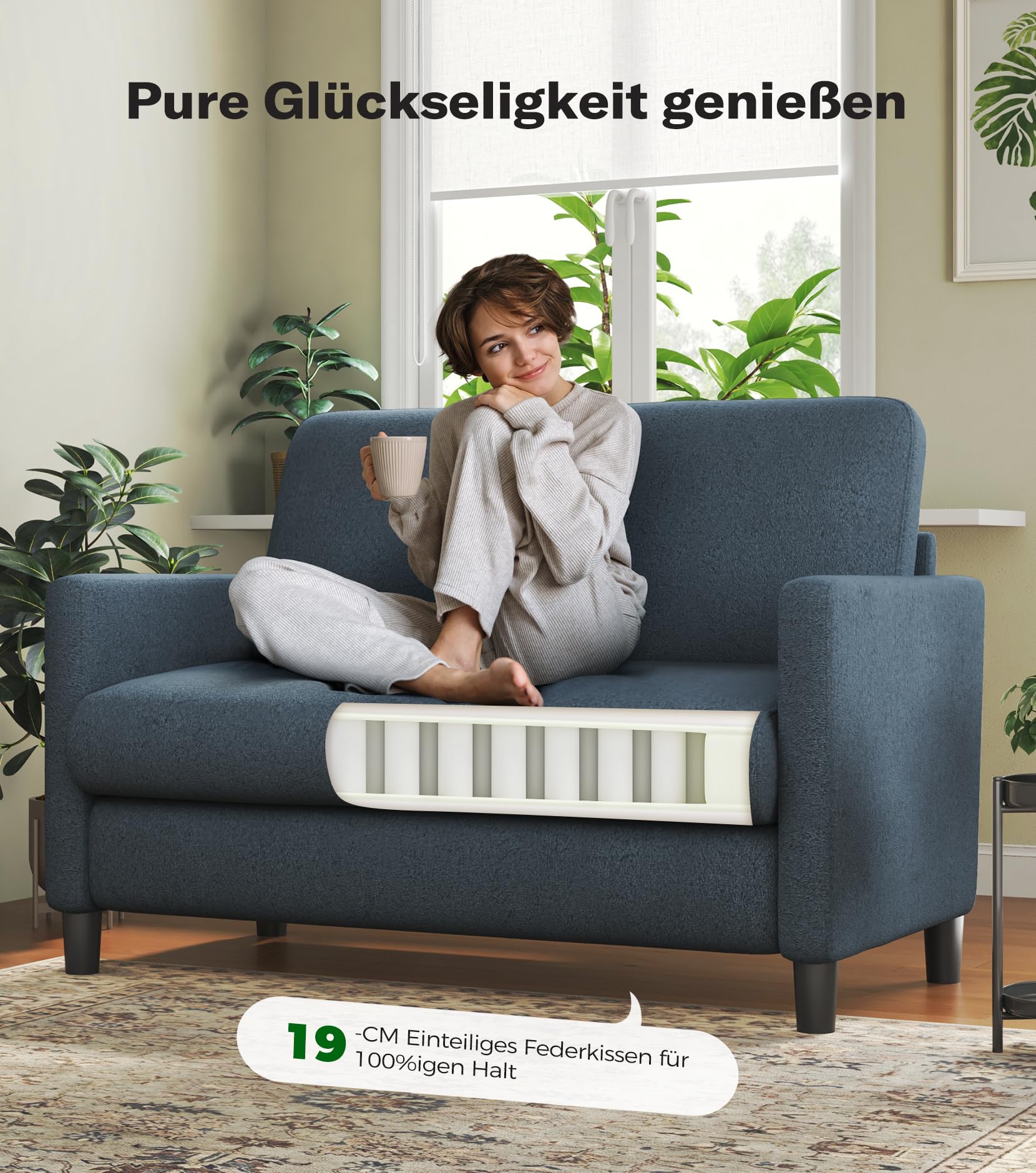 Sofa 2 Sitzer Klein, 130cm Mini Couch Klein, Gemütliches kleines Sofa für Jugendzimmer, Werkzeugfreies Aufstellen von Minisofa, 2er Sofas und Couchs aus Vollholz, Kleine Sofas Wohnzimmer, Blau Grau