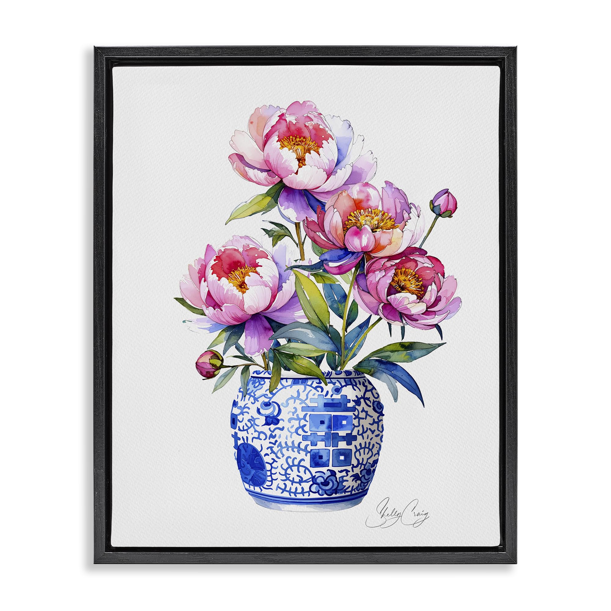 Stupell Industries Jet Black (Matte) 'Blue Dynasty Blooms', Floating Frame Canvas Art, Black, 25 X 31 Inches, Easy To Hang And Sturdy, Made In Usa, By Shelly Craig