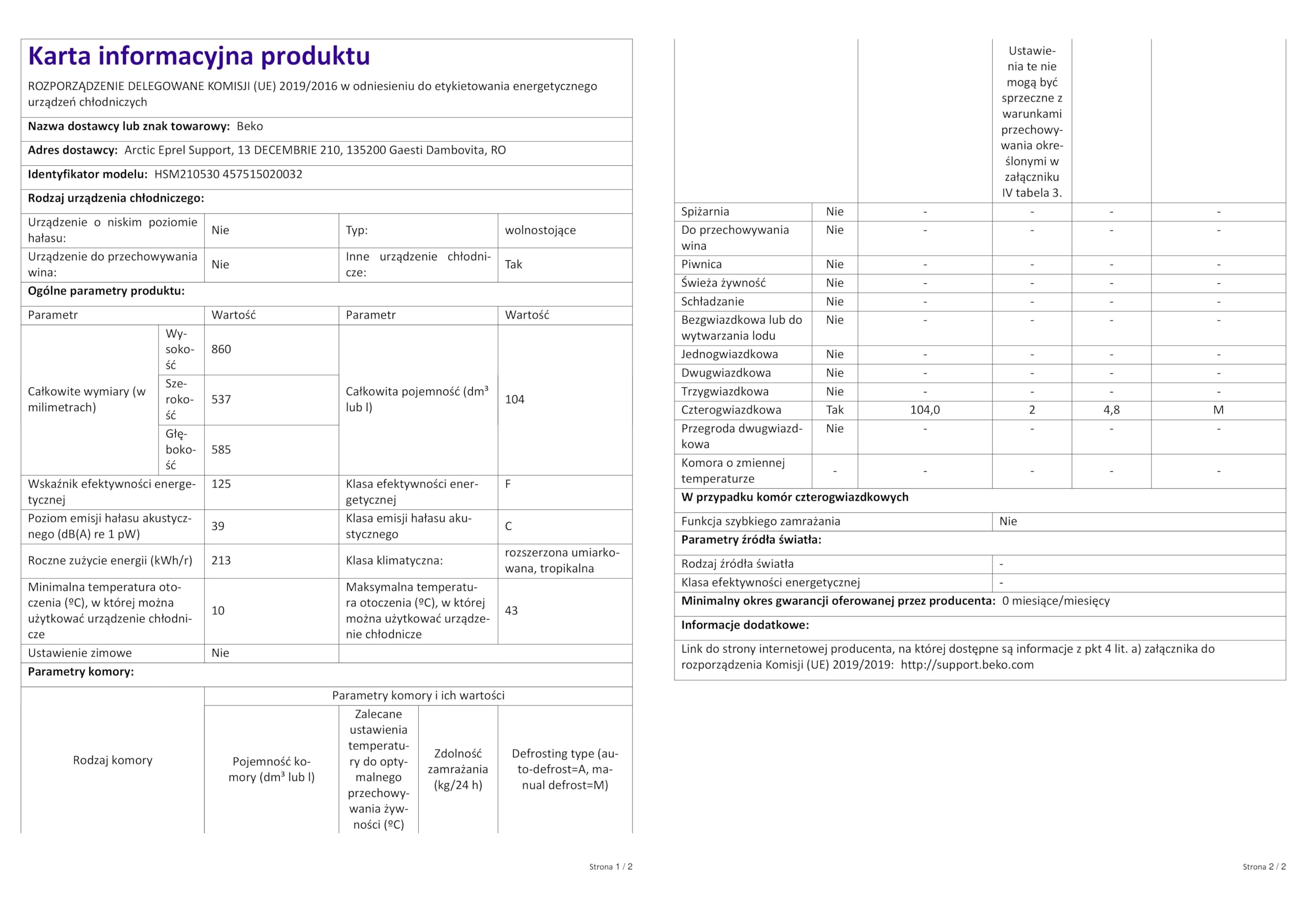 Beko - HSM210530 - Congelatore Orizzontale, Classe F, Statico, 104L, Dimensioni HxLxP: 86 x 53,7 x 58,5
