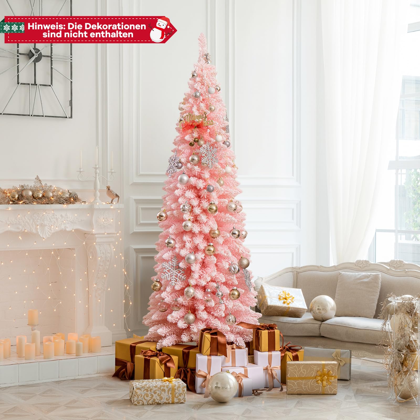 COSTWAY künstlicher Weihnachtsbaum Bleistift, 180 cm Tannenbaum mit Schnee, Christbaum mit 460 Zweigspitzen & klappbarem Metallständer, schlanker Kunstbaum Weihnachten für Zuhause, Büro (Rosa)