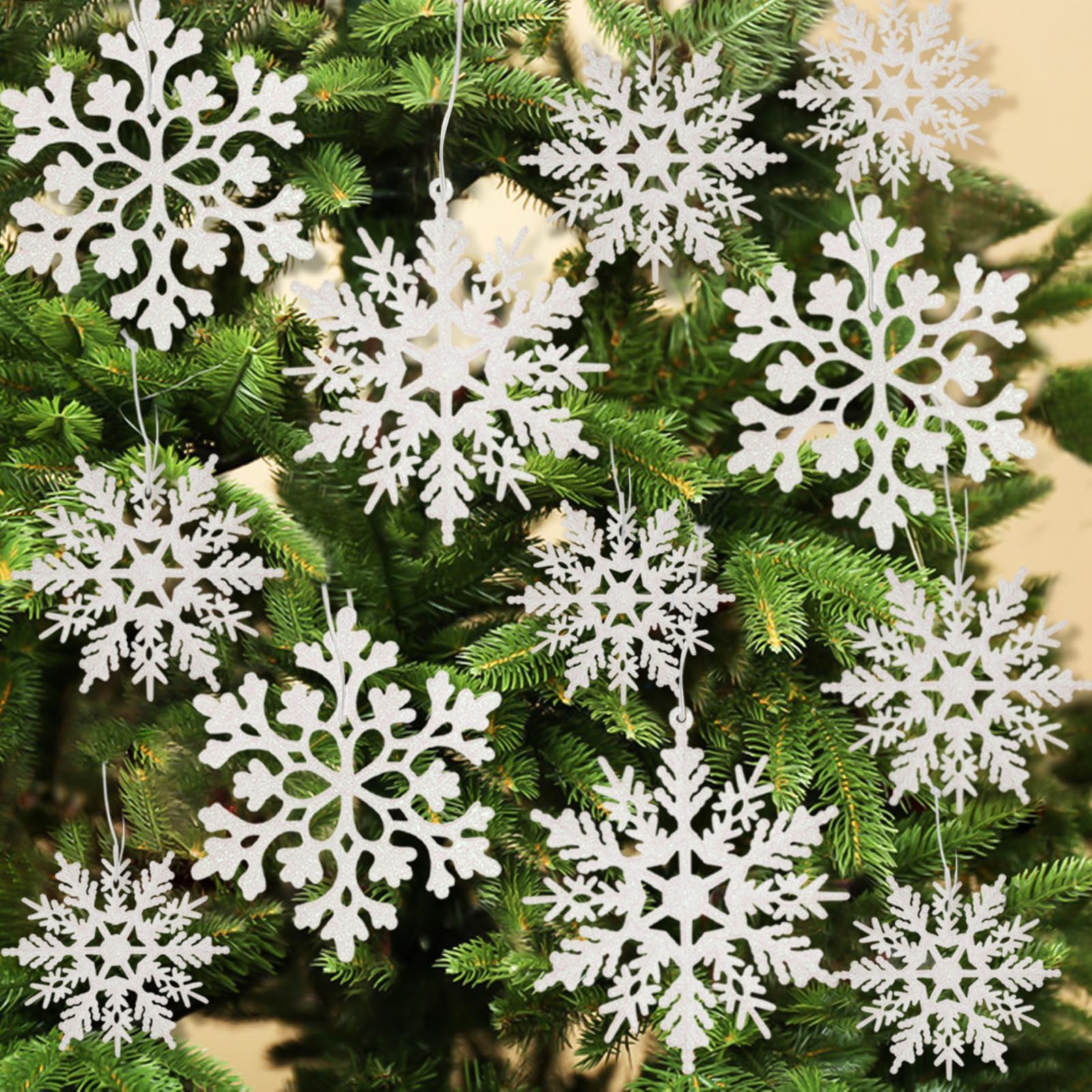 kockuu 36pcs Christmas White Snowflake Ornaments Plastic Glitter Snow Flakes Ornaments for Winter Christmas Tree Decorations Size Varies Craft Snowflakes
