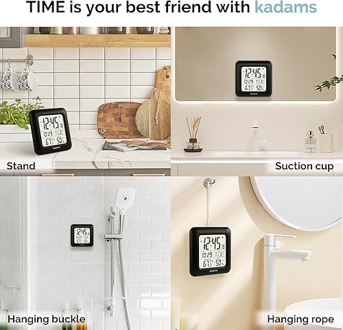Miniatura 5 de KADAMS Reloj de pared de cocina de 9.5 pulgadas con pantalla LCD grande, reloj de ducha con ventosa, temperatura, humedad, calendario, resistente al