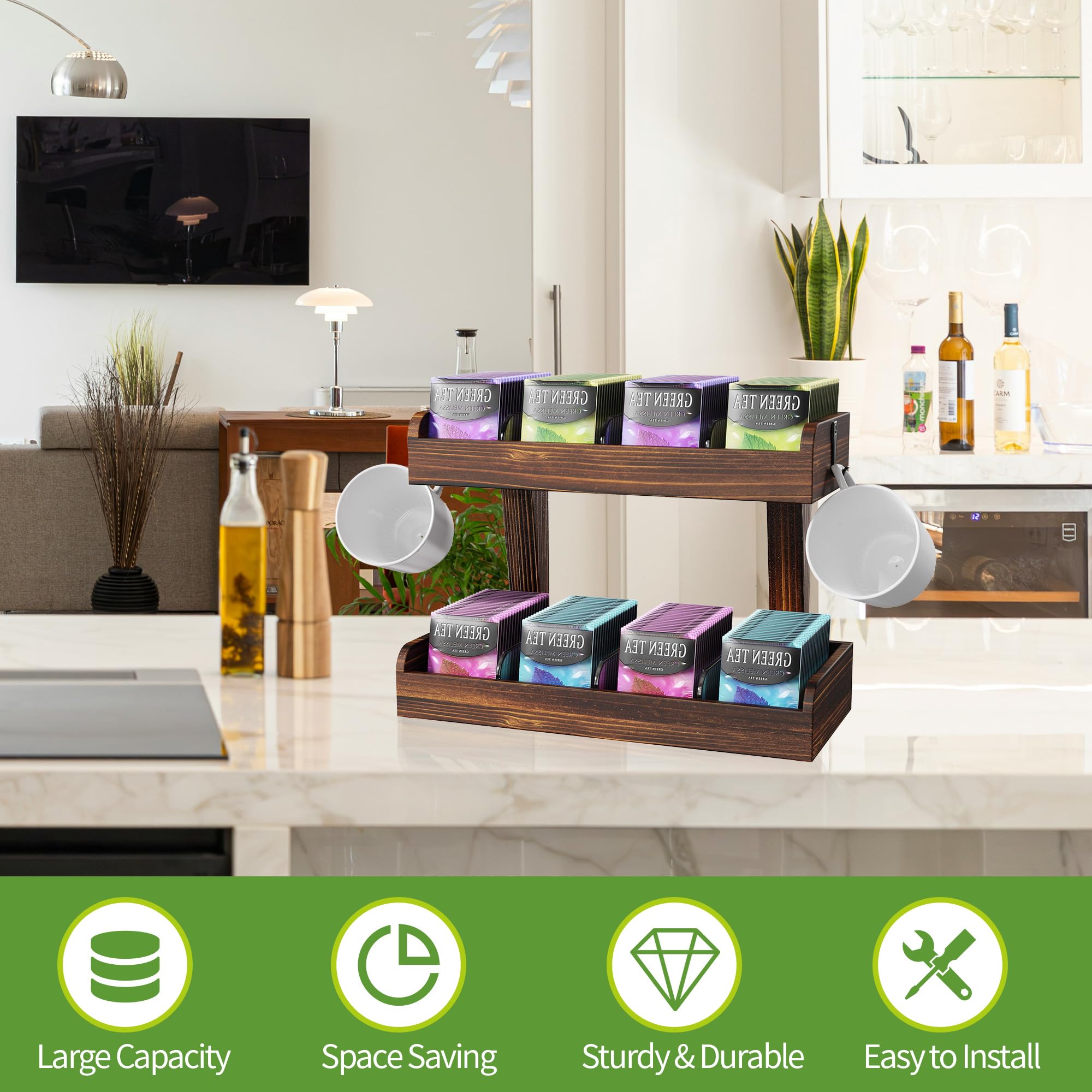 2 Niveles Organizador de Bolsa de Té para El Mostrador, Soporte de Teabag de Madera con Tabiques Ajustables y 2 Ganchos, Organizador de Bolsa de Té de Almacenamiento para La Oficina, Cocina (2 Tire)