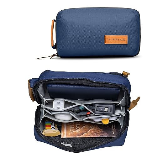 TRIPPED Travel Gear Tech Bag Organizer - Small Electronics Organizer Pouch for Travel - Premium Travel Case with Leather Accents - Mesh Pocket for Cables, Cords and Chargers