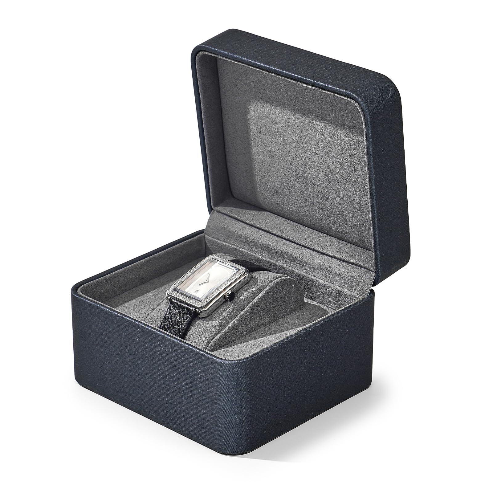 Papten Leather Single Watch Box Watch Travel Case Wristwatch Holder Storage Box Round Edge Jewelry Travel Case With Removable Pillow Microfiber Interior (Dark Grey)