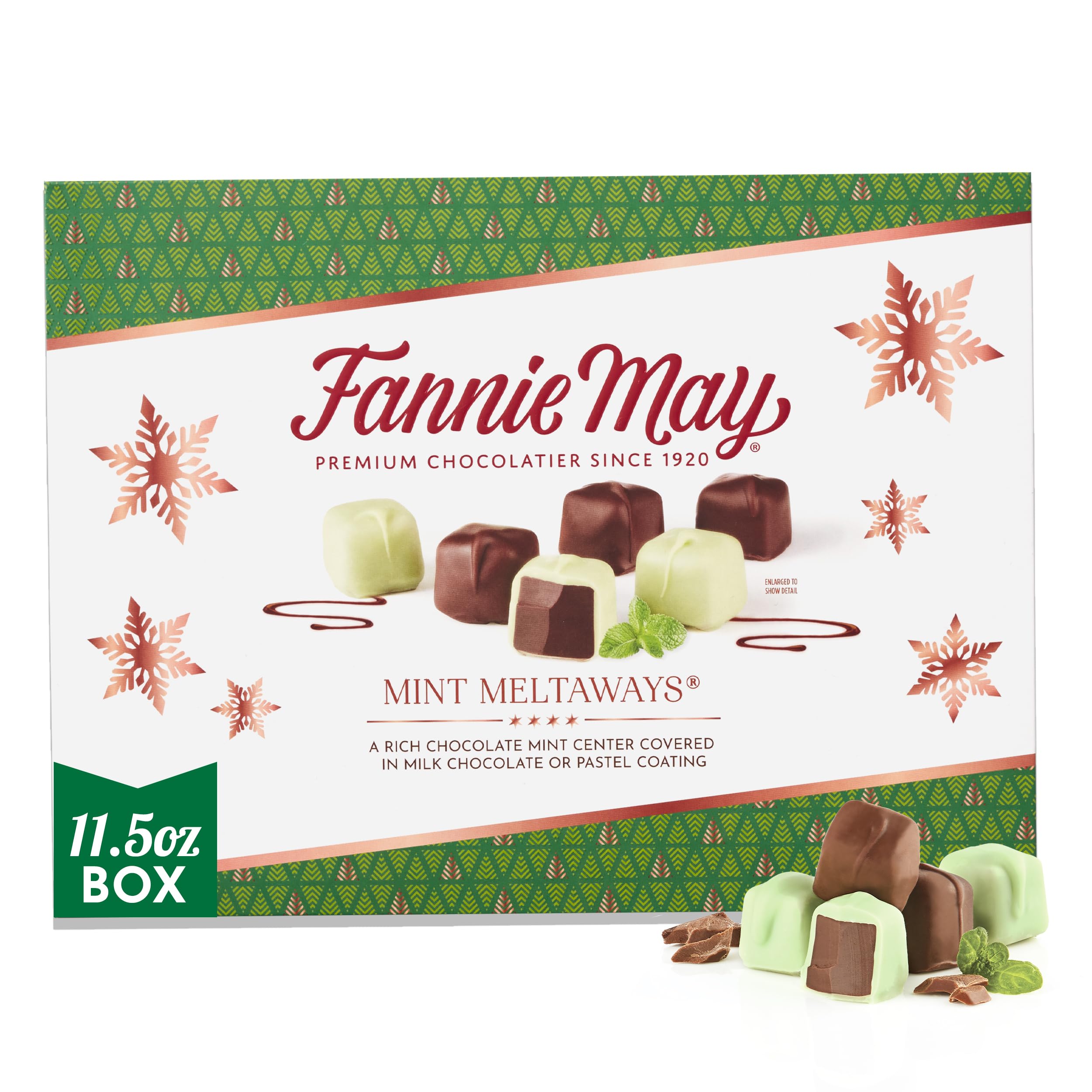 Fannie May Mint Meltaway, Mint Chocolate Candy with Milk Chocolate Pastel Coating, Holiday Chocolate Gift Box, 11.5 oz