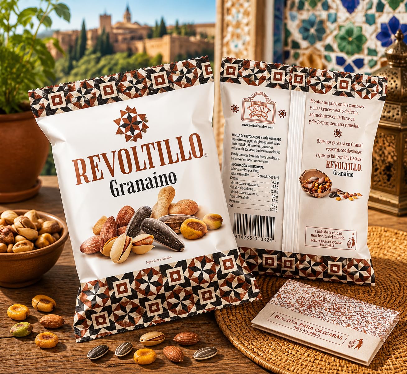 Revoltillo Granaino Expositor 10 Bolsas 115 g Mix de frutos secos natural y crujiente snack saludable
