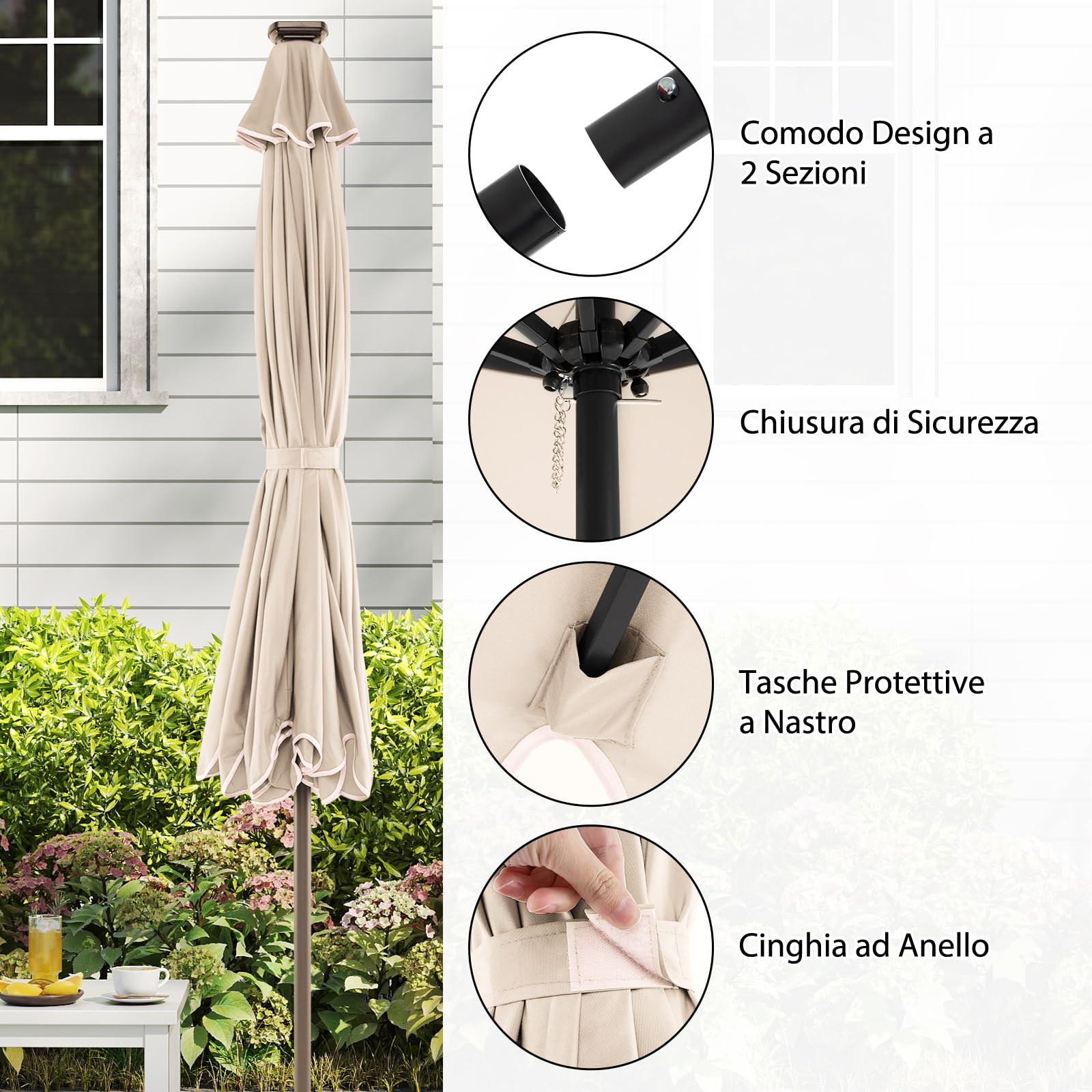 COSTWAY Ombrellone da Giardino 300 cm, con 24 Luci LED Solari, Inclinazione Regolabile, Manovella, 8 Stecche, Anti-UV, Top Ventilato, Idrorepellente, Giardino Piscina Patio (Beige)