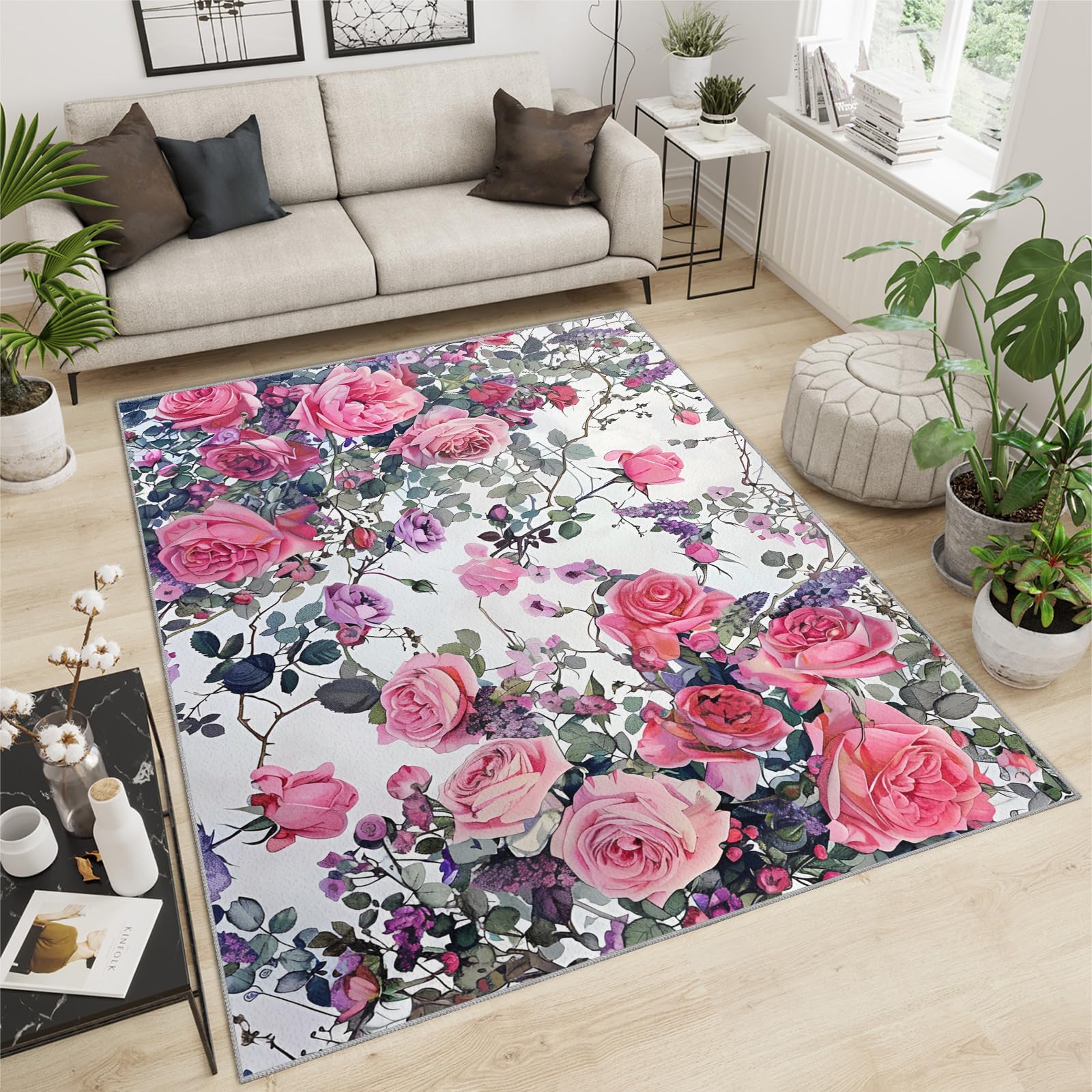 Blumen-Rosen-Teppiche für Mädchenzimmer, 120 x 170 cm, rutschfest, waschbar, Malerei, Frühlingsdesign, für Damen, weicher niedriger Flor, rosa Blumen, Teppich, Gartenstil