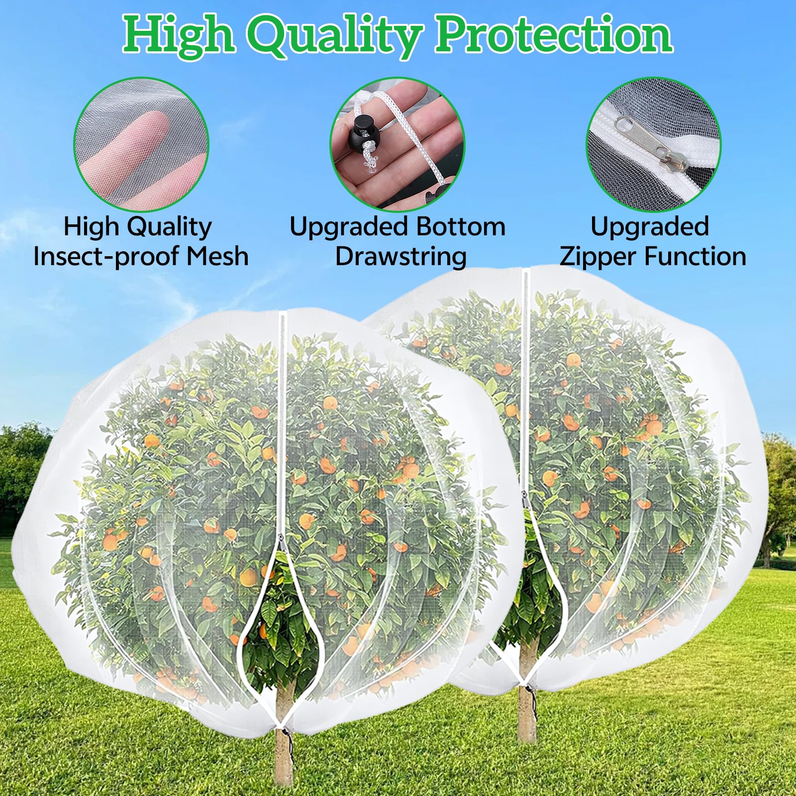 Filets Pour Arbres Fruitiers 2.4x2.4 m Lot de 2 Avec Fermeture Éclair Cordon de Serrage Réutilisable Jardin Vergers