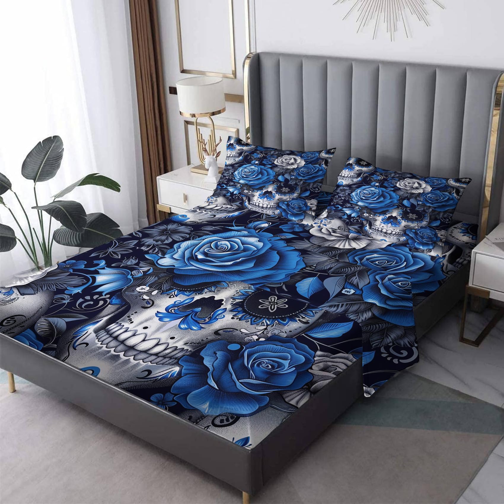 Fizzenobia Skull Decor - Twin Sheets Set - Skull Bed Sheets & Bedroom Decor, Blue Rose Sheet Set - Soft Breathable Microfiber Deep Pocket Patterned