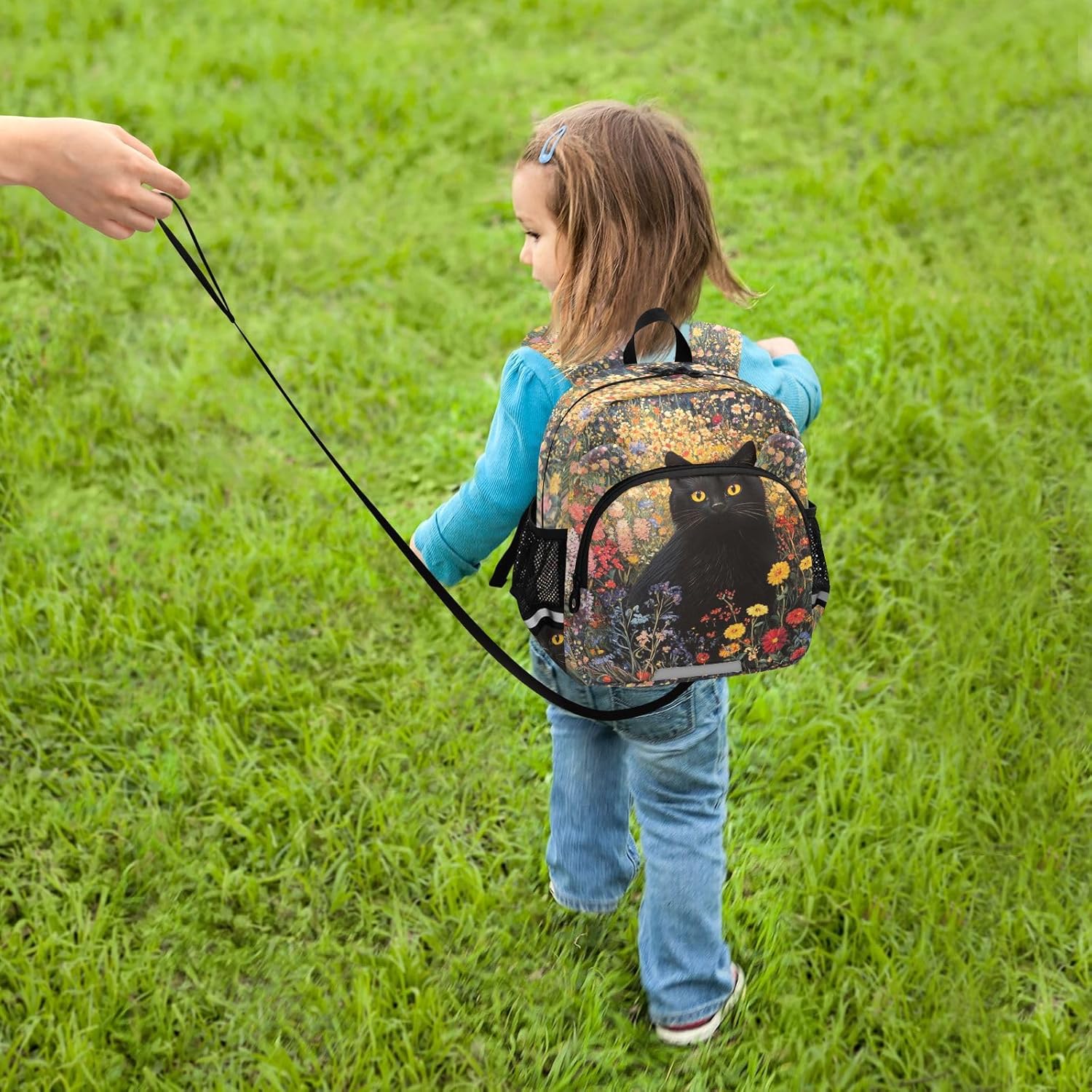 Black Cat Colorful Flowers Toddler Harness Backpack for Boys Girls 3-6 Years Kids Backpack with Anti Lost Safety Leash Baby Travel Bag for Walking Preschool Travel