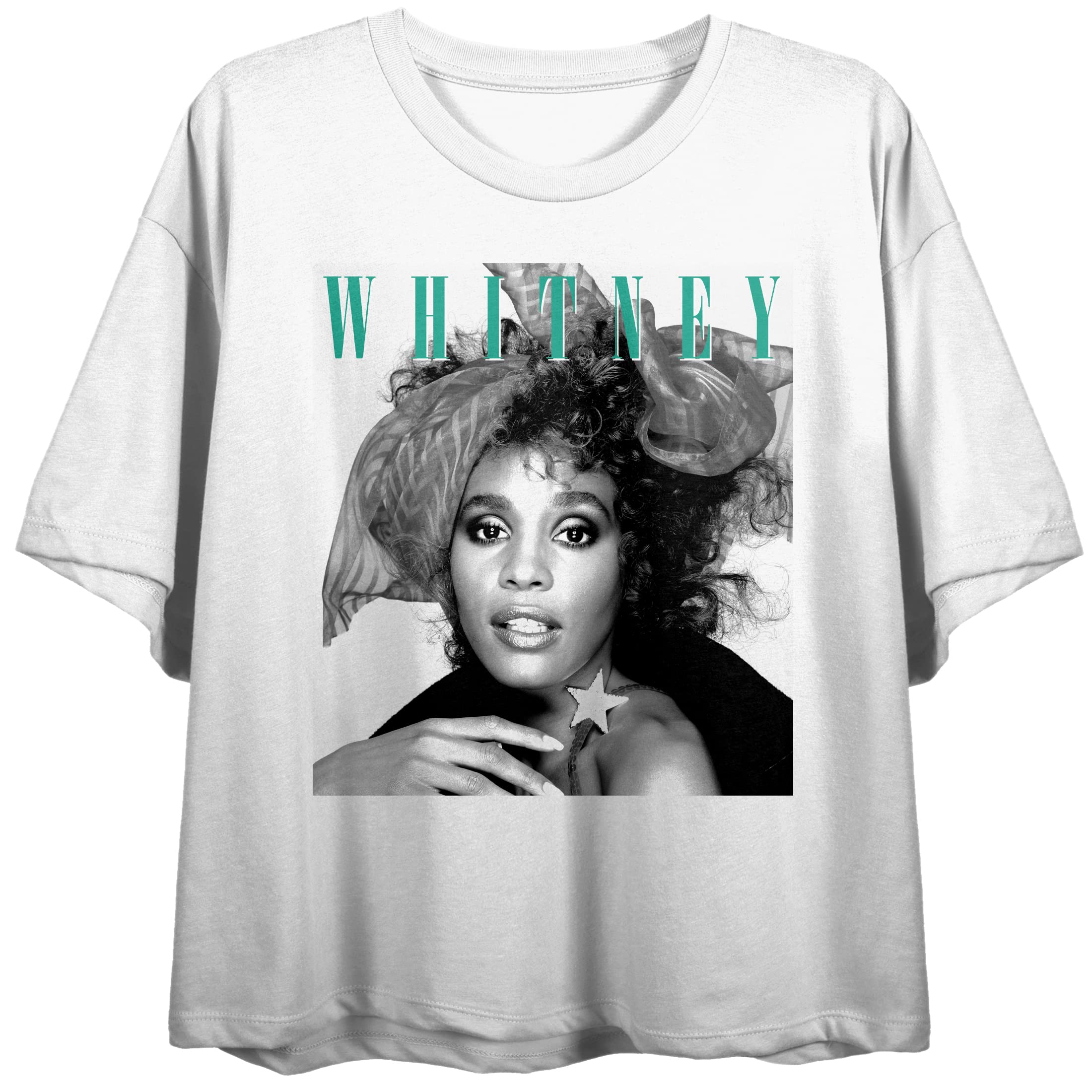 Whitney Houston Classic Photo Print Crew Neck Short Sleeve Women's White Crop T-Shirt