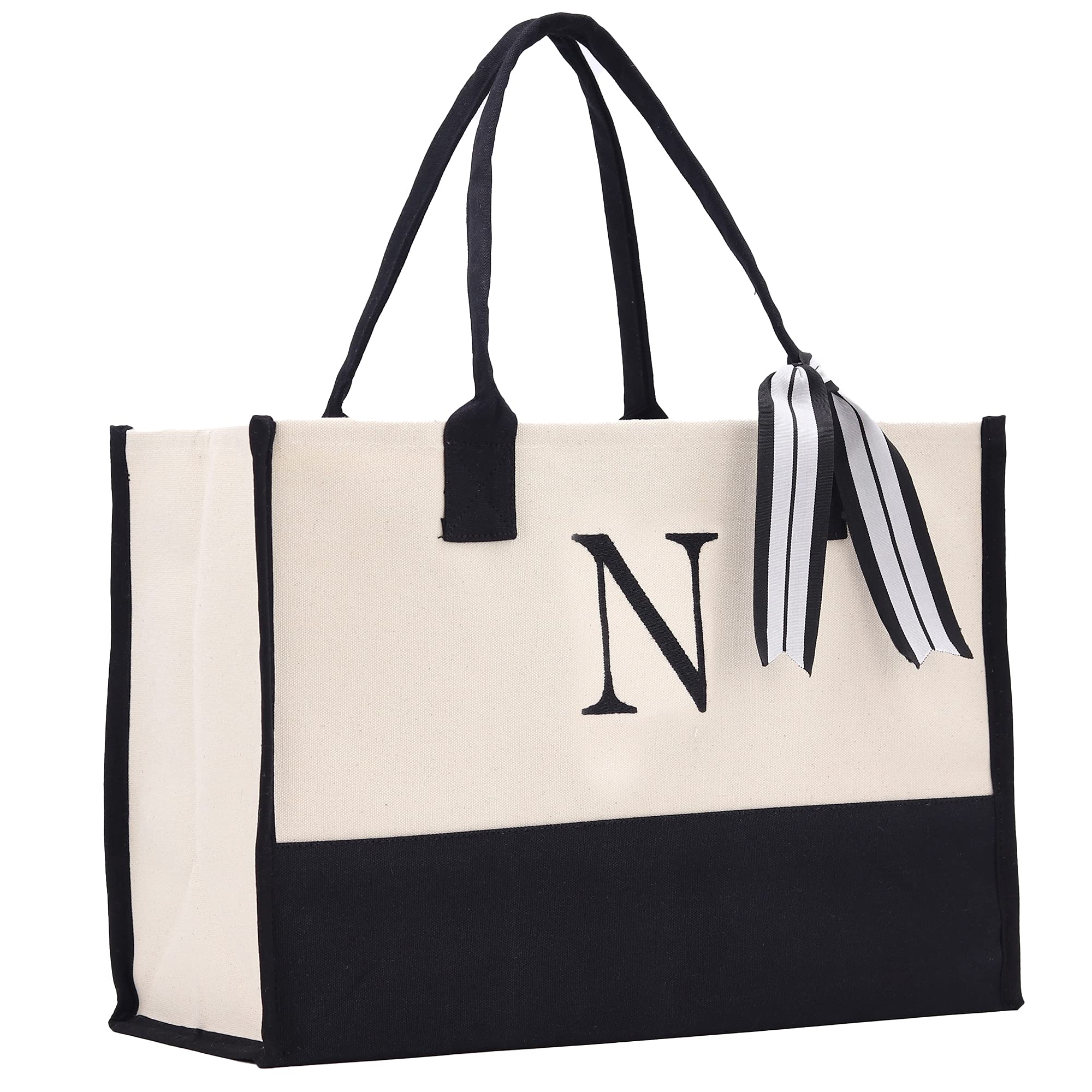 VANESSA ROSELLA Personalized Gift Monogram Initial 100% Cotton Two Tone Chic Tote Bag with Customize Option - Black