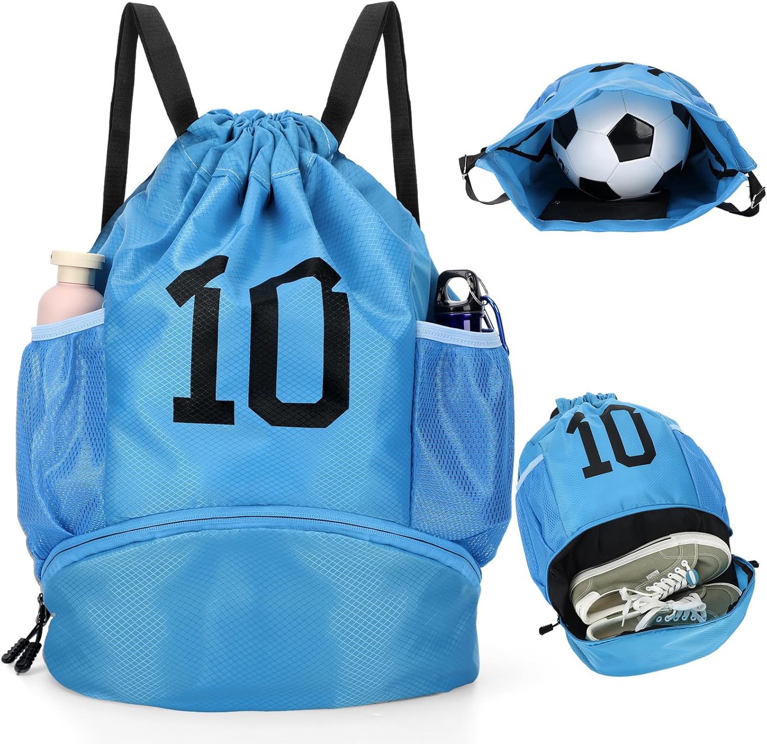 Drawstring Soccer Backpack Sports with Ball and Shoe Compartment Side Mesh Pockets Soccer Bags Water Resistant String Swim Gym Bag Wet Proof Pocket for Women Men