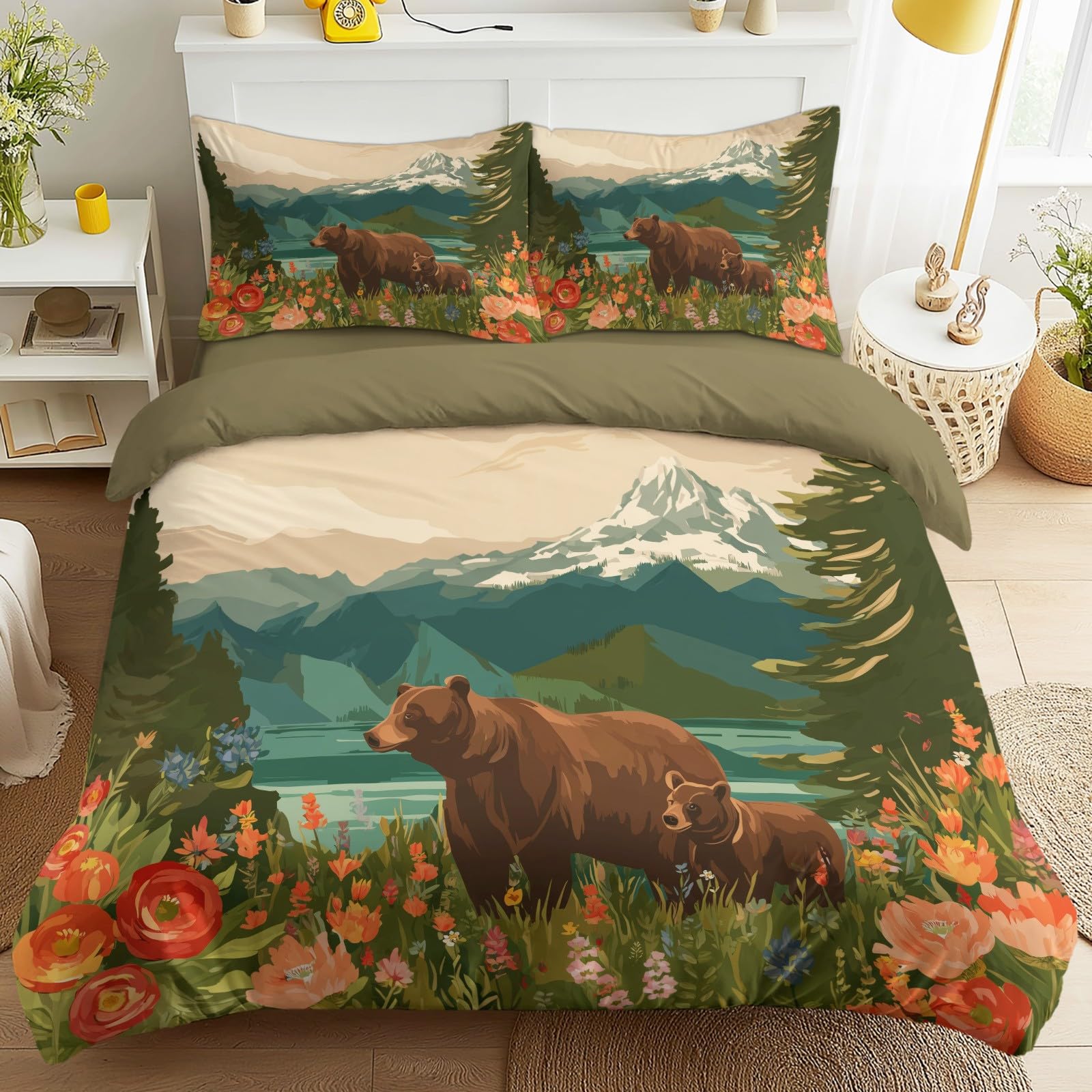 Générique Poszwa na kołdrę z motywem zielonego krajobrazu zwierząt, komplet pościeli 140 x 200 cm dla 2 osób na łóżko z gumką, niedźwiedź dzika natura przygoda zestaw pościeli 4-częściowy z 2