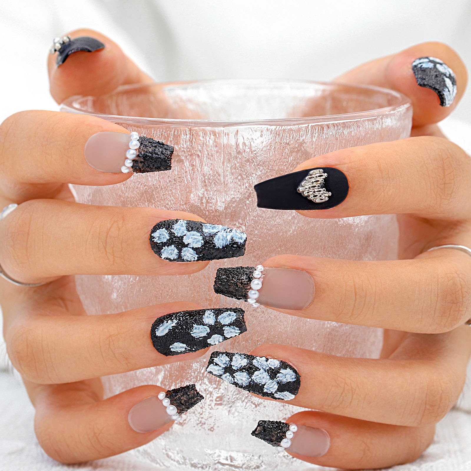 Sethexy Punk Long Coffin False Nails Handmade French Matte Acrylic Press On Nails Hand-painted Black Rose Fake Nails 3D Pearl Bear Salon Quality Nail for Women and Girls(Q) - Image 2