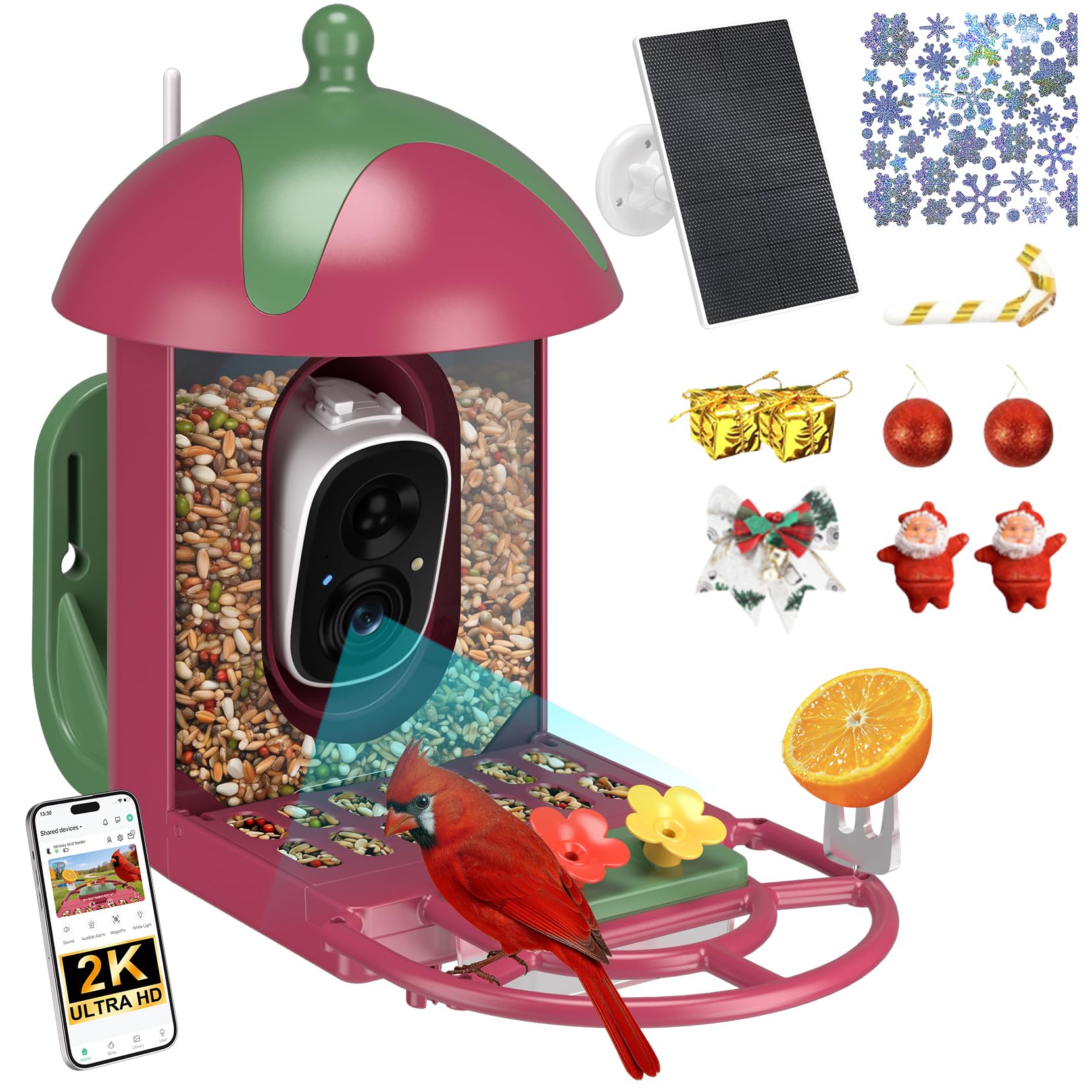 Vogelfutterstation mit Kamera Outdoor Vogelhaus - AI identifiziert 11000+ Arten, 2K HD, Ankunftswarnungen, solarbetrieben, Weihnachten Rot Grün Design, Kolibri freundlich, Geschenk für Vogelliebhaber