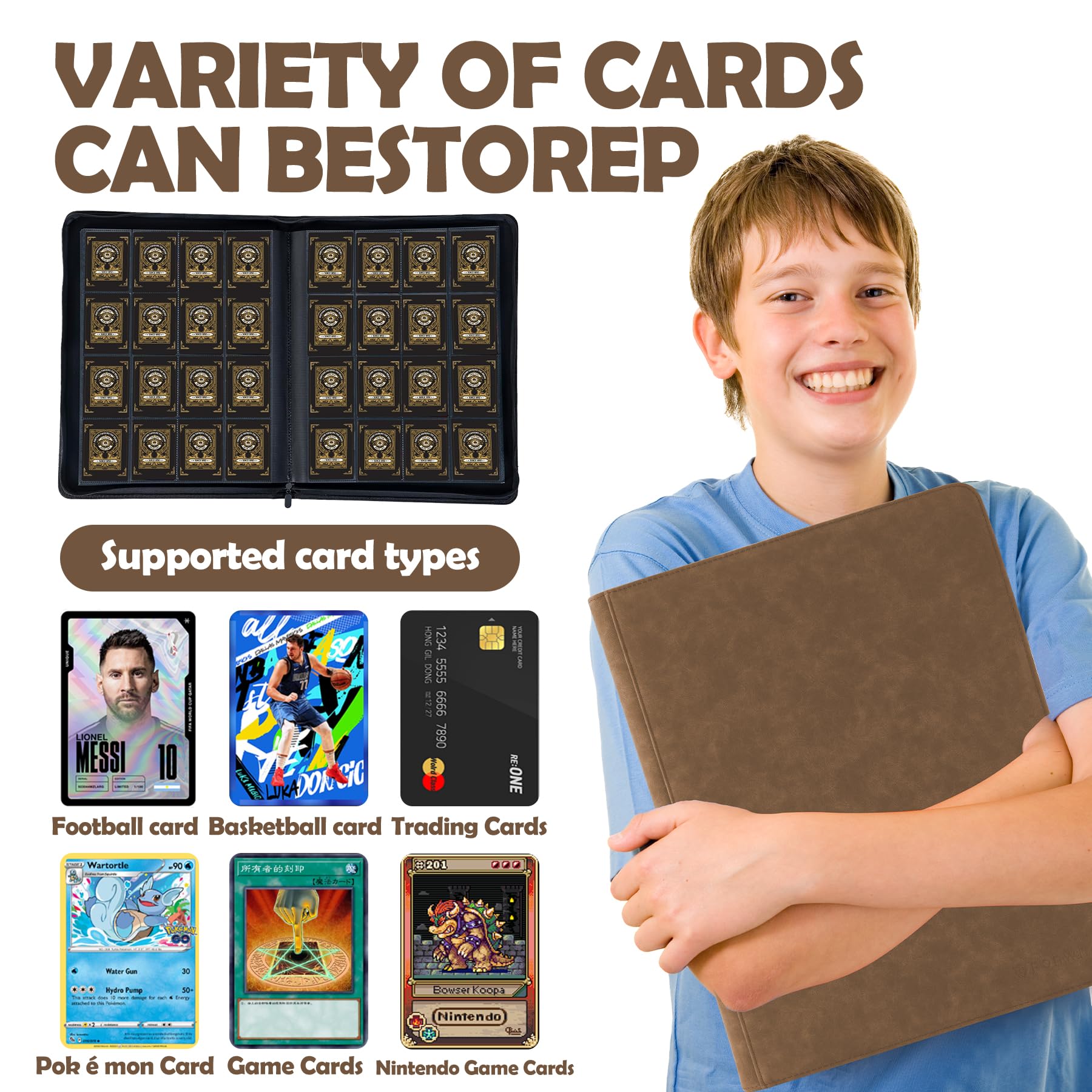 Raccoglitore per carte collezionabili con oltre 1000 tasche, 16 tasche, senza anelli, caricamento laterale, per TCG, MTG, carte sportive (caffè)