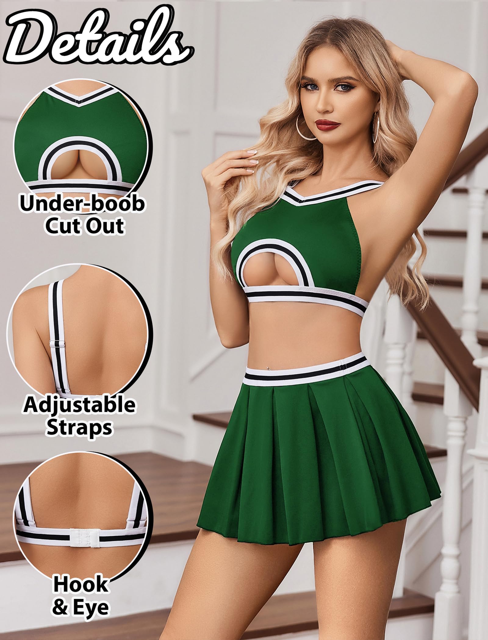 Avidlove Lingerie for Women Sexy Mini Skirt Cheerleader Costume Hollow Crop Top Y2K Pleated Skirts Set Cosplay Rave Outfit: Green XX-Large